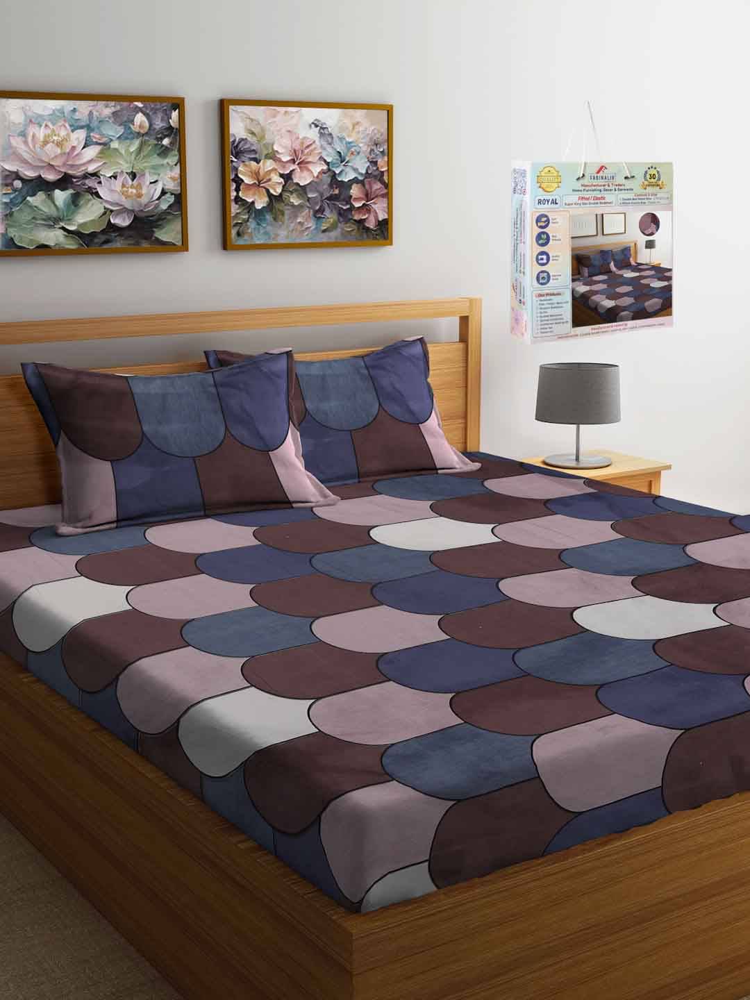     			FABINALIV Poly Cotton Geometric Fitted Fitted bedsheet with 2 Pillow Covers ( King Size ) - Dark Blue