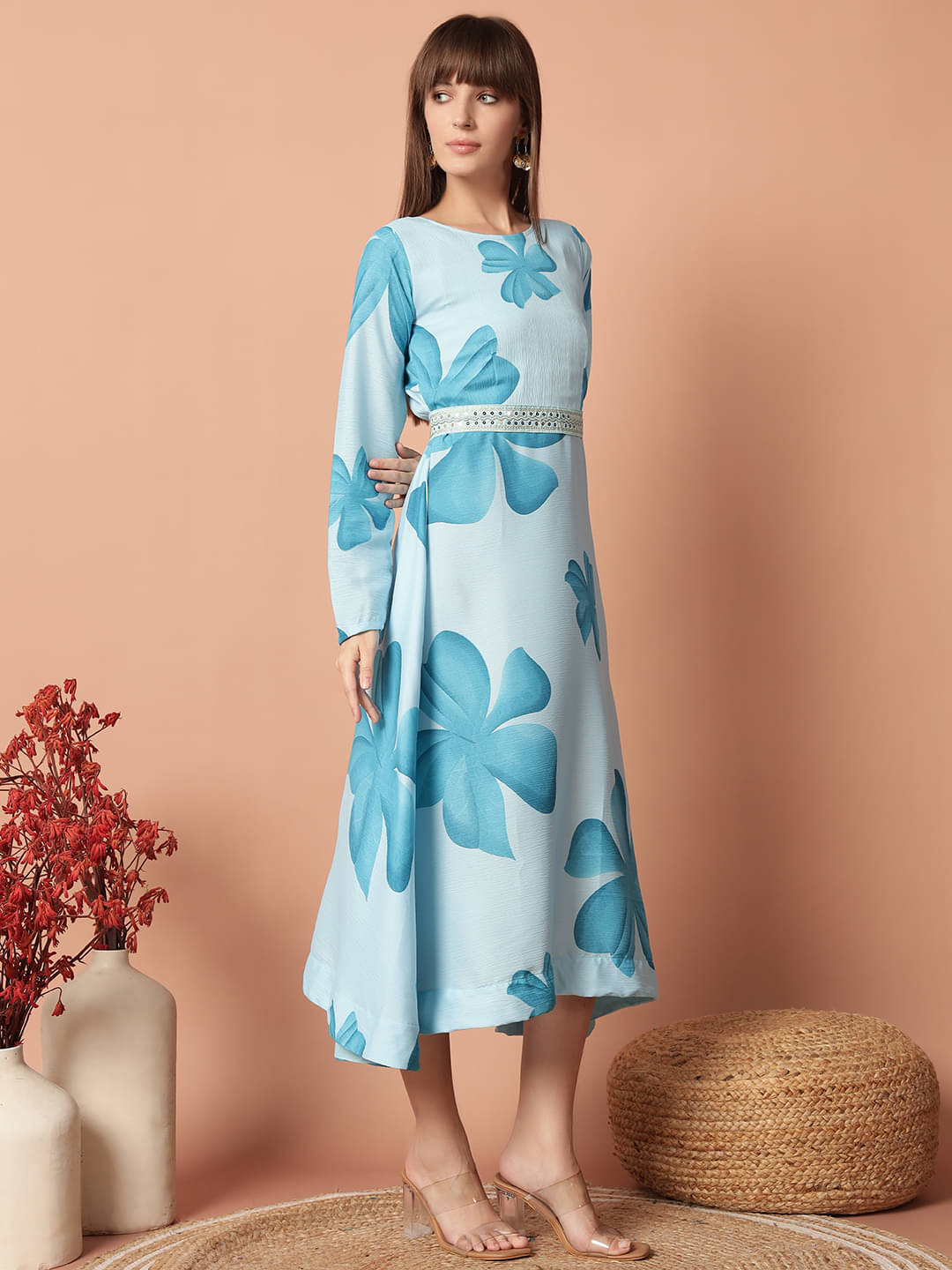 JASH CREATION Women Cotton Blend Printed Fit & Flare Dress ( Blue ) JASH CREATION Women Cotton Blend Printed Fit & Flare Dress ( Blue )