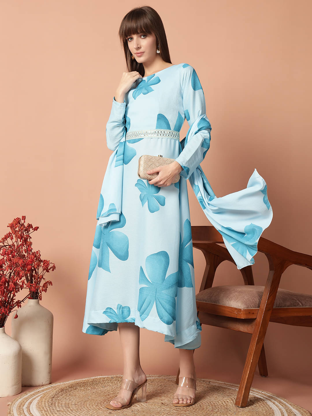 JASH CREATION Women Cotton Blend Printed Fit & Flare Dress ( Blue ) JASH CREATION Women Cotton Blend Printed Fit & Flare Dress ( Blue )