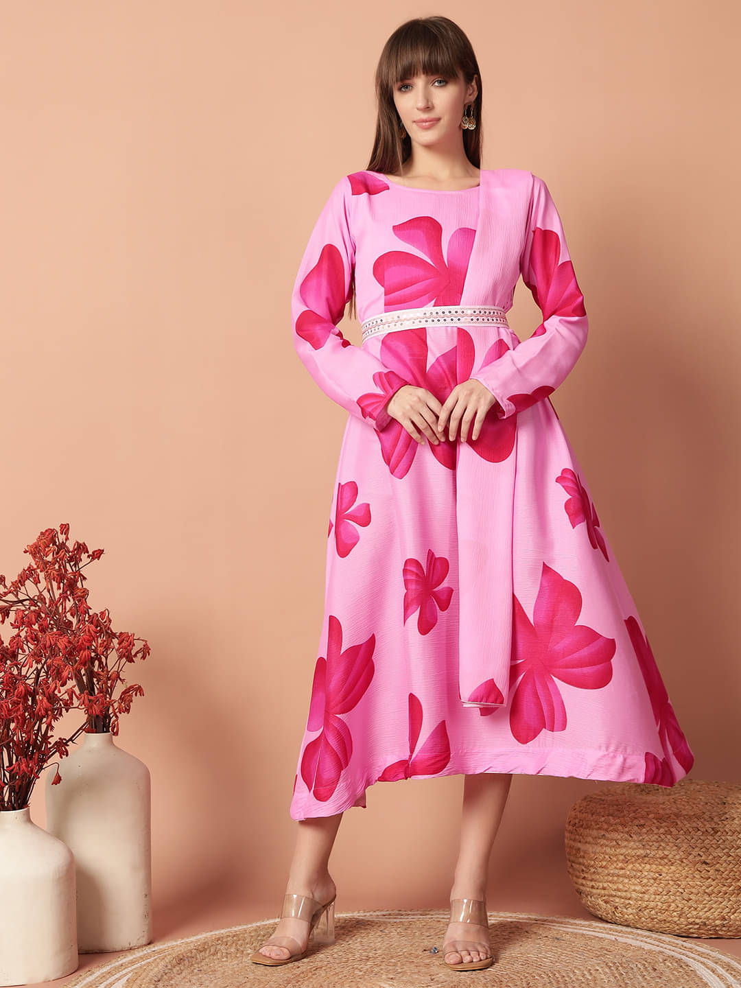 JASH CREATION Women Cotton Blend Printed Fit & Flare Dress ( Pink ) JASH CREATION Women Cotton Blend Printed Fit & Flare Dress ( Pink )