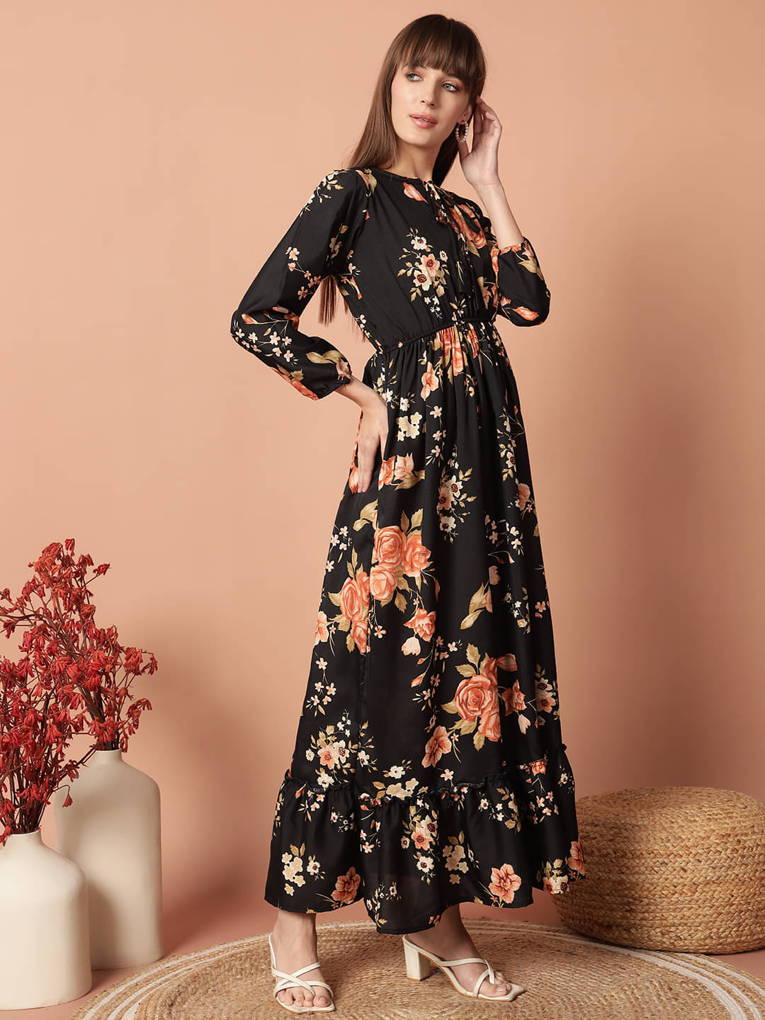     			JASH CREATION Women Polyester Printed Fit & Flare Dress ( Black )
