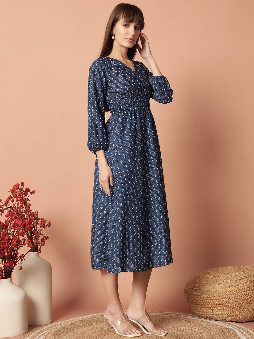     			JASH CREATION Women Polyester Printed Fit & Flare Dress ( Blue )