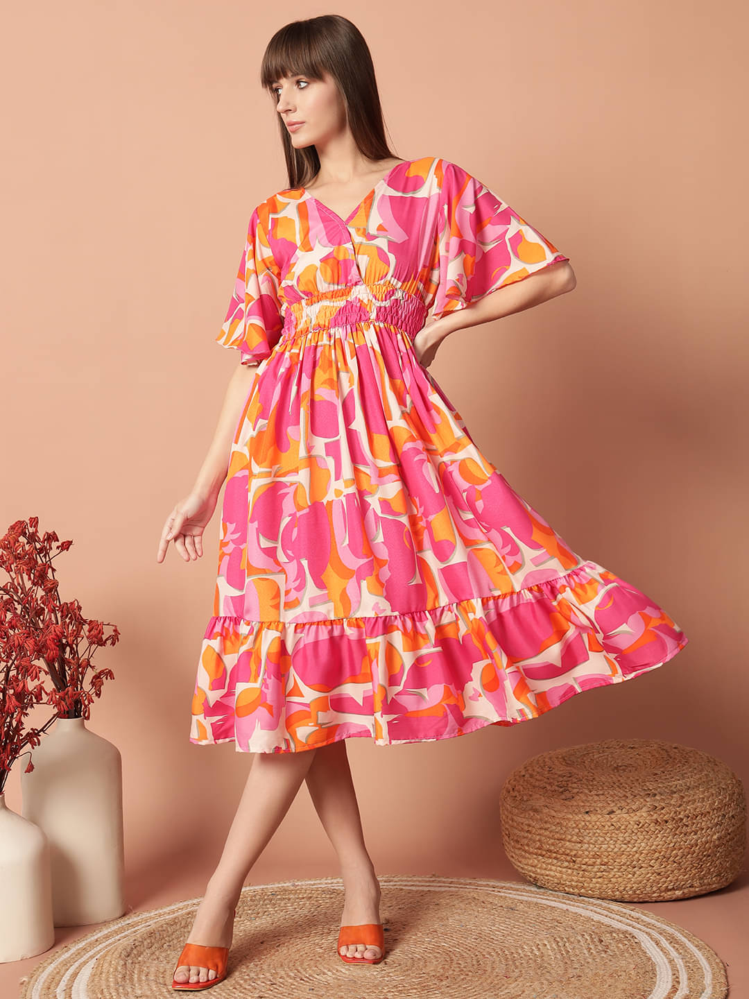 JASH CREATION Women Polyester Printed Fit & Flare Dress ( Orange ) JASH CREATION Women Polyester Printed Fit & Flare Dress ( Orange )