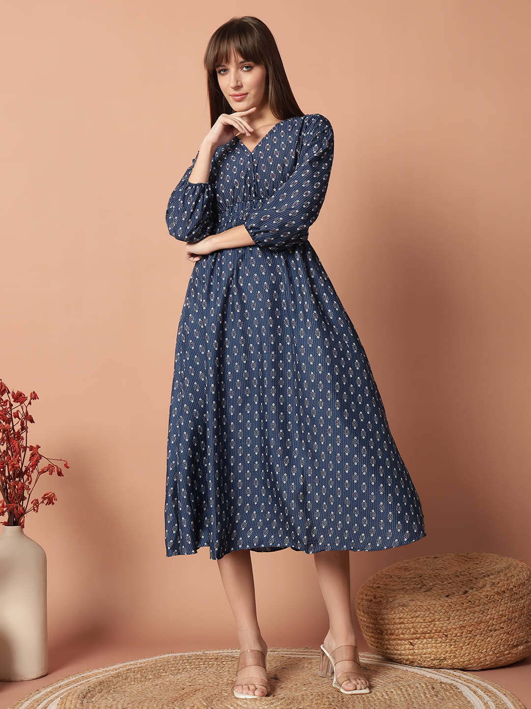     			JASH CREATION Polyester Printed Knee Length Women's Fit & Flare Dress - Blue ( Pack of 1 )