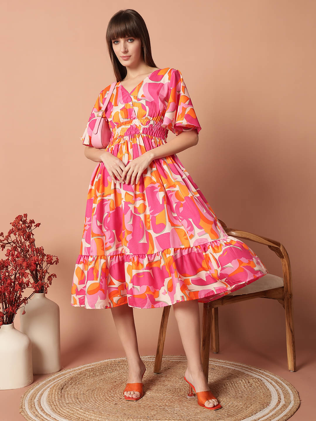 JASH CREATION Women Polyester Printed Fit & Flare Dress ( Orange )     			JASH CREATION Women Polyester Printed Fit & Flare Dress ( Orange )