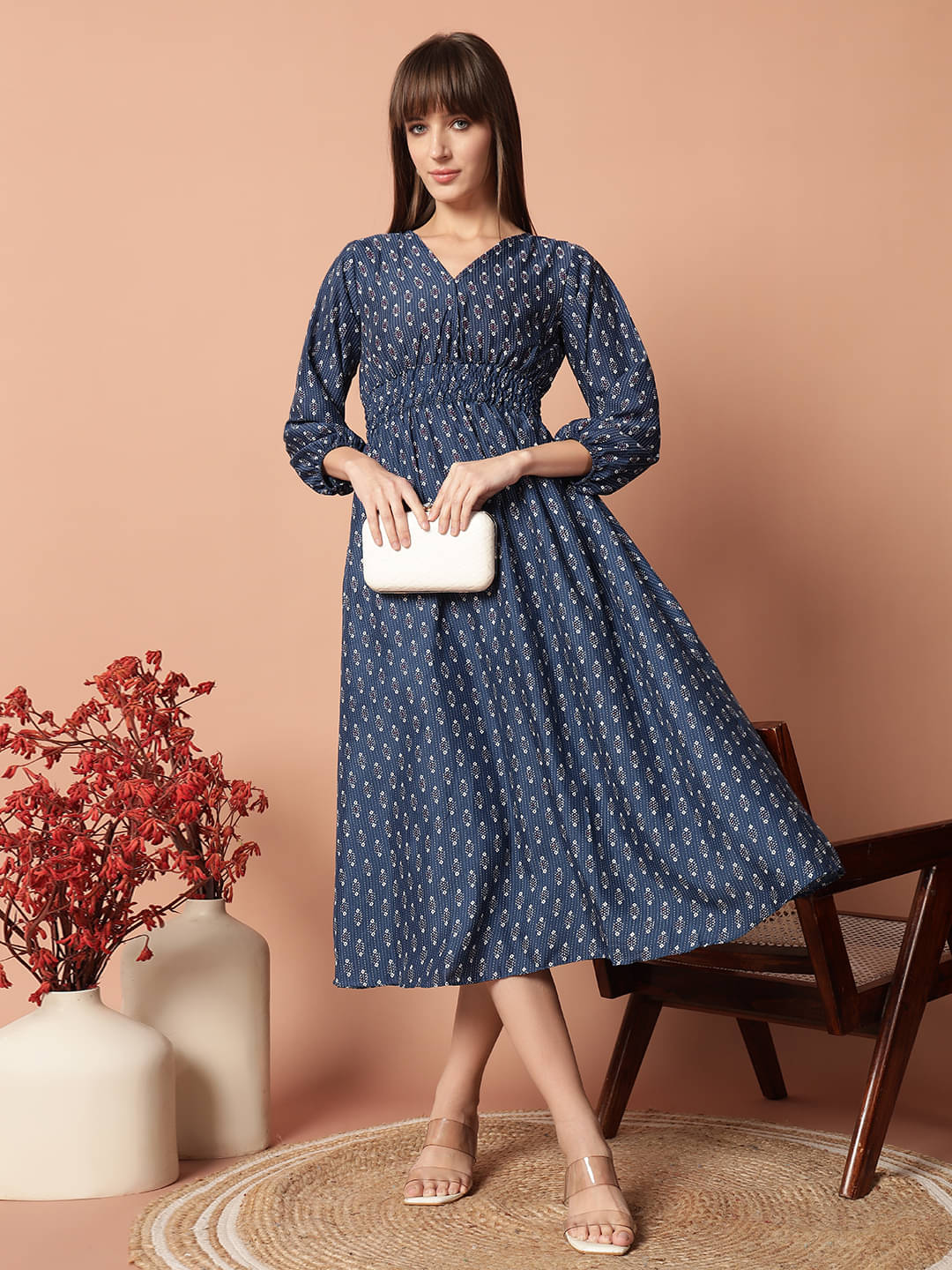     			JASH CREATION Polyester Printed Knee Length Women's Fit & Flare Dress - Blue ( Pack of 1 )
