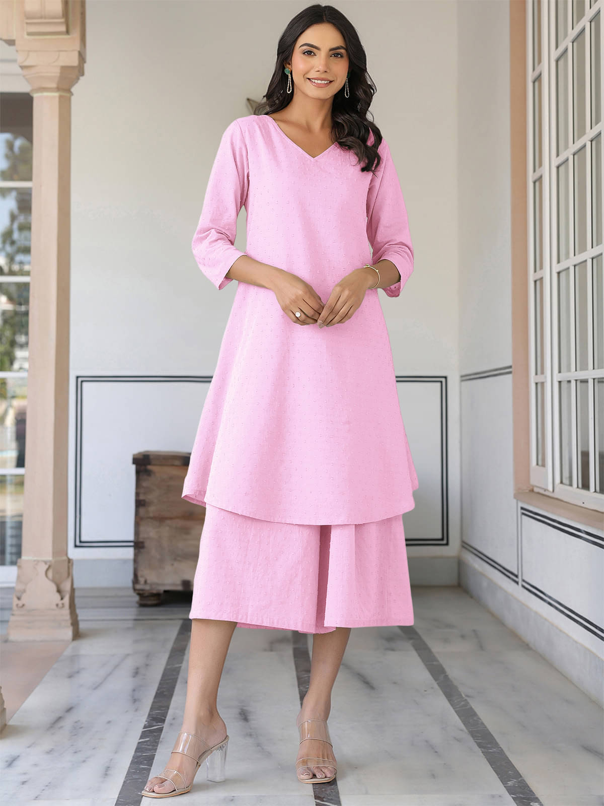     			Janasya Cotton Solid Kurti With Palazzo Women's Stitched Salwar Suit - Pink ( Pack of 1 )