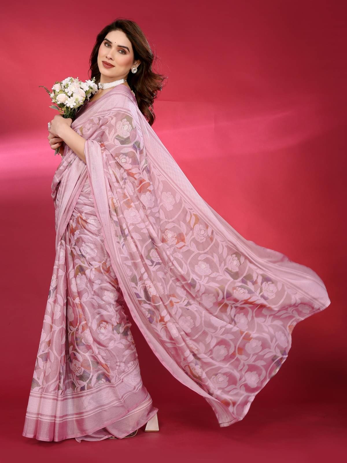     			PHORIA STYLE Brasso Printed Saree With Unstitched Blouse Piece ( Pink )