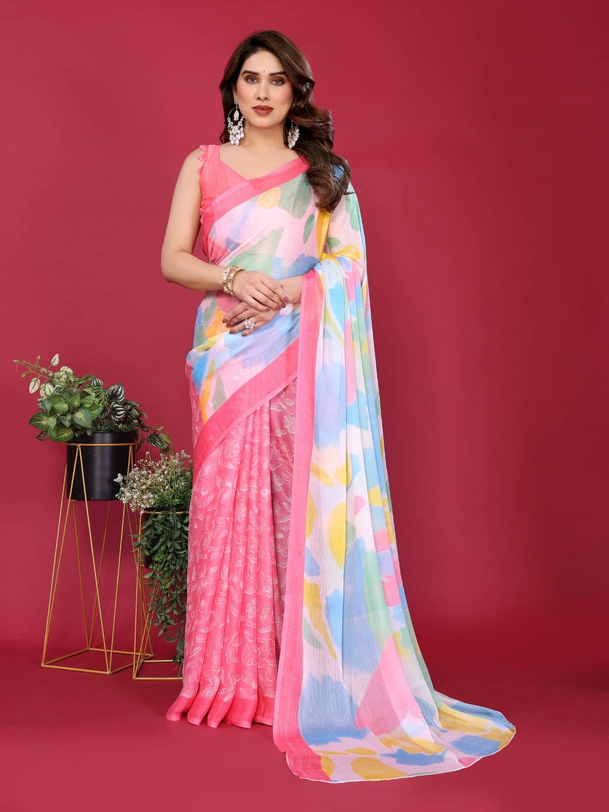 PHORIA STYLE Chiffon Printed Saree With Unstitched Blouse Piece ( Pink ) PHORIA STYLE Chiffon Printed Saree With Unstitched Blouse Piece ( Pink )