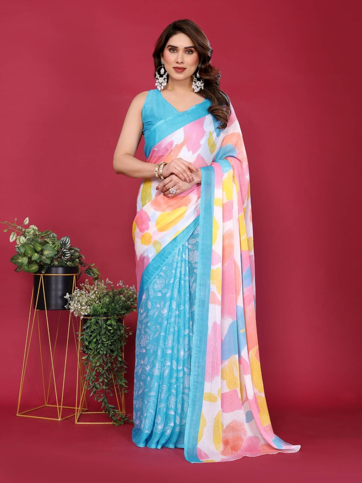 PHORIA STYLE Chiffon Printed Saree With Unstitched Blouse Piece ( Aqua Blue ) PHORIA STYLE Chiffon Printed Saree With Unstitched Blouse Piece ( Aqua Blue )