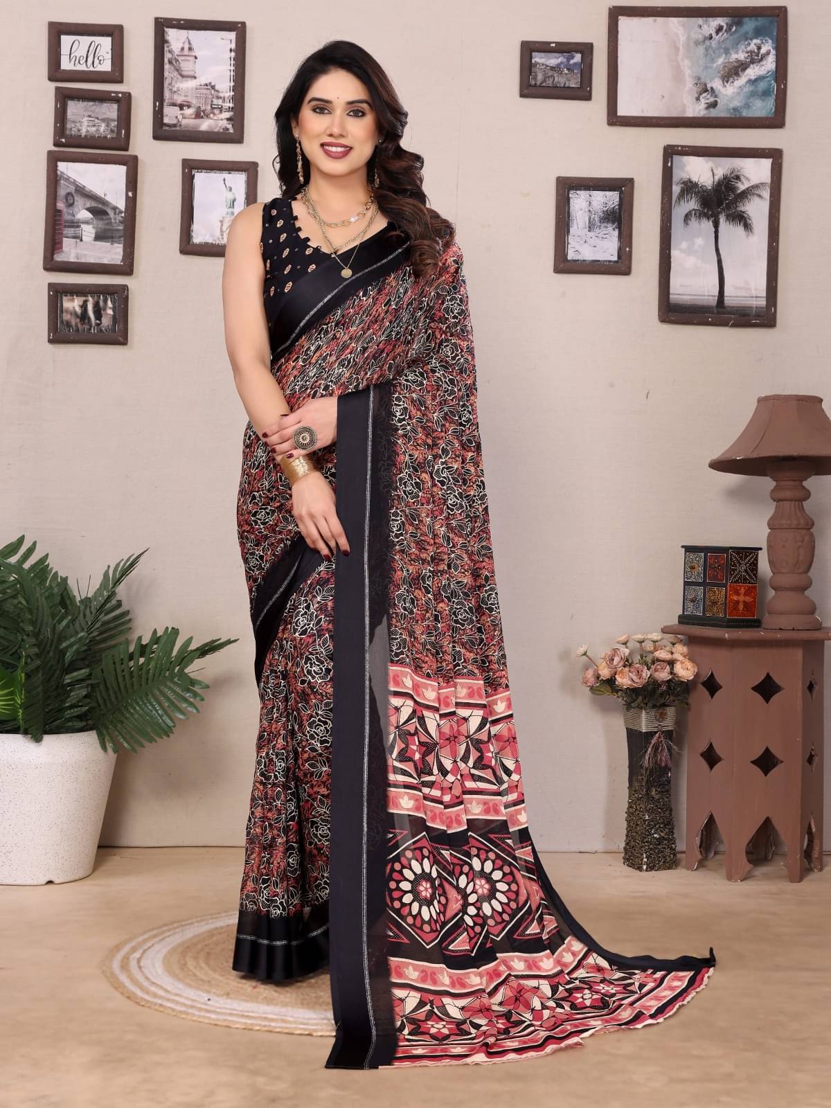 PHORIA STYLE Chiffon Printed Saree With Unstitched Blouse Piece ( Black ) PHORIA STYLE Chiffon Printed Saree With Unstitched Blouse Piece ( Black )