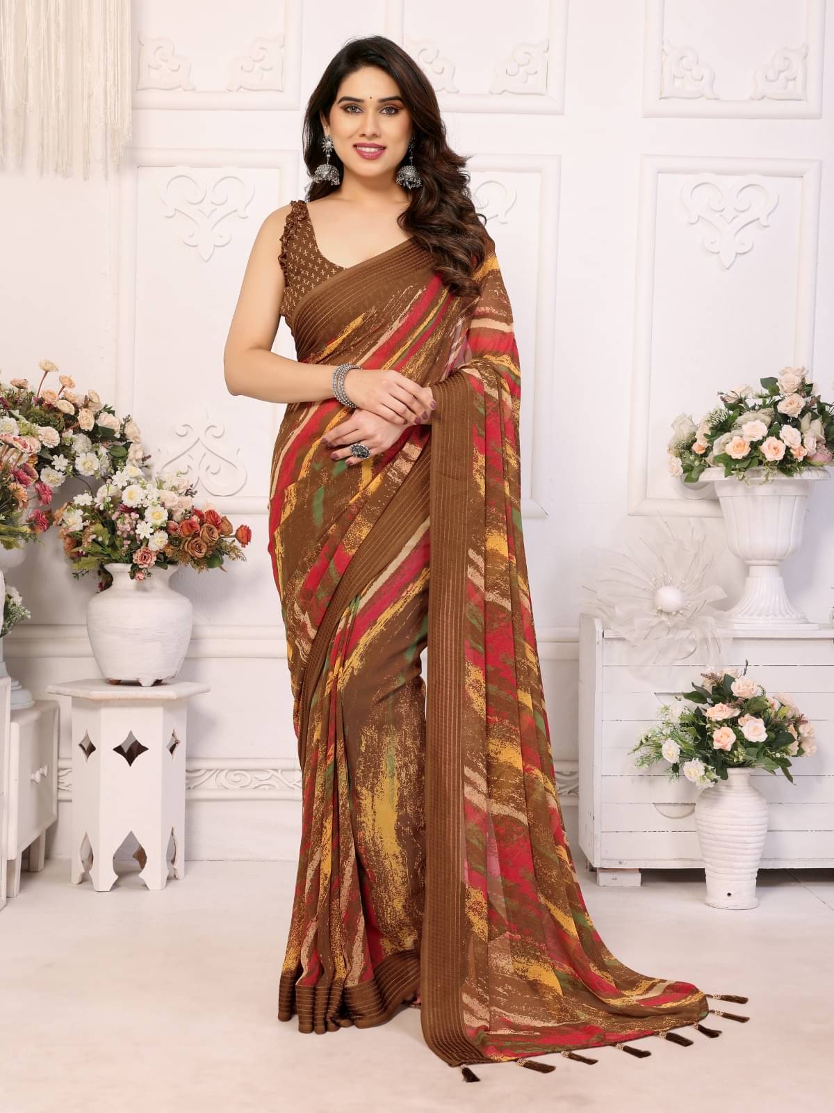     			PHORIA STYLE Chiffon Printed Saree With Unstitched Blouse Piece ( Brown )