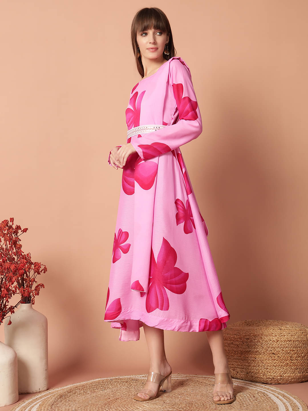 RAIYANI FASHION Women Cotton Blend Printed Fit & Flare Dress ( Pink ) RAIYANI FASHION Women Cotton Blend Printed Fit & Flare Dress ( Pink )