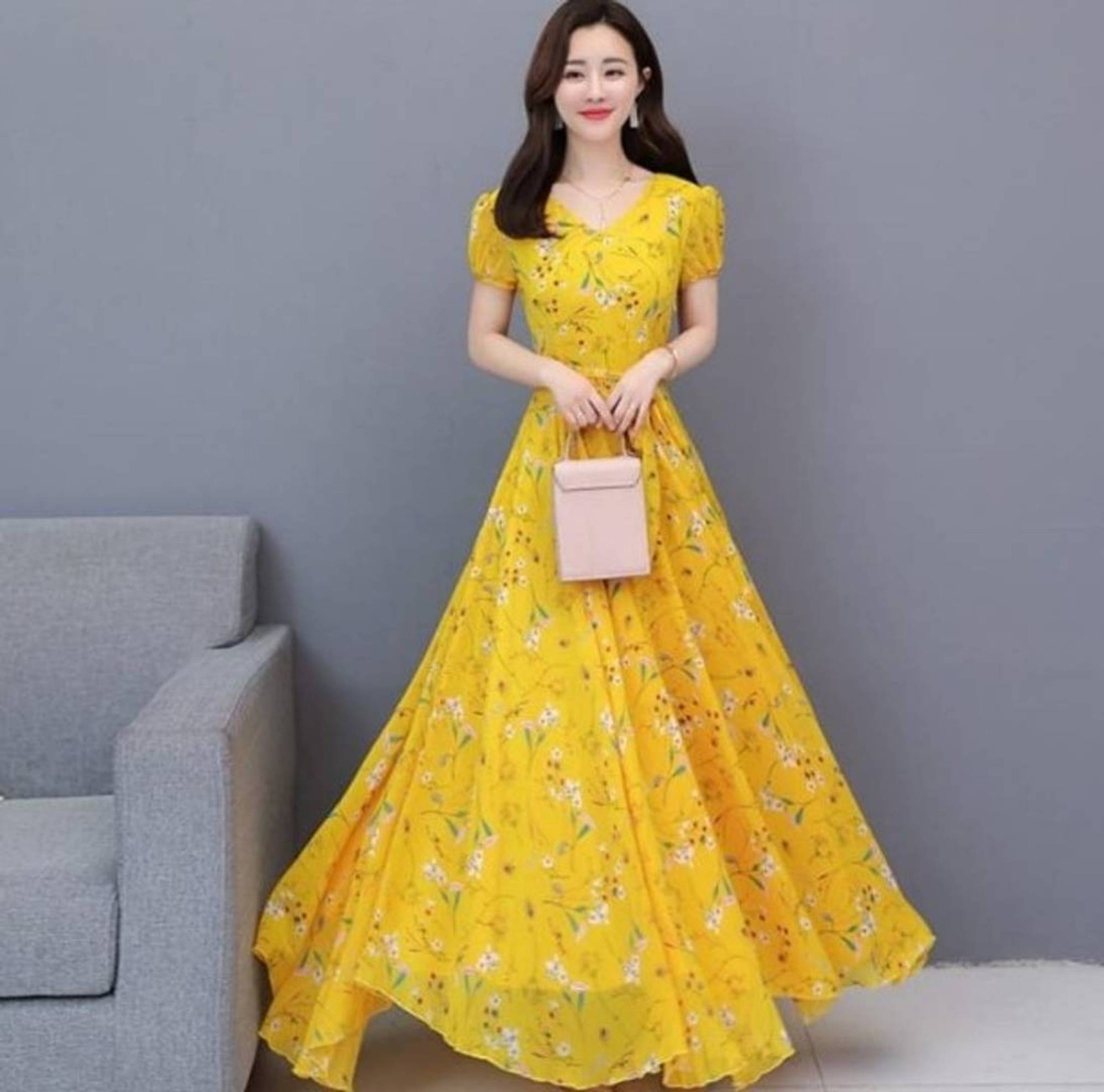     			RC NEOEN Women Georgette Printed Gown ( Yellow )