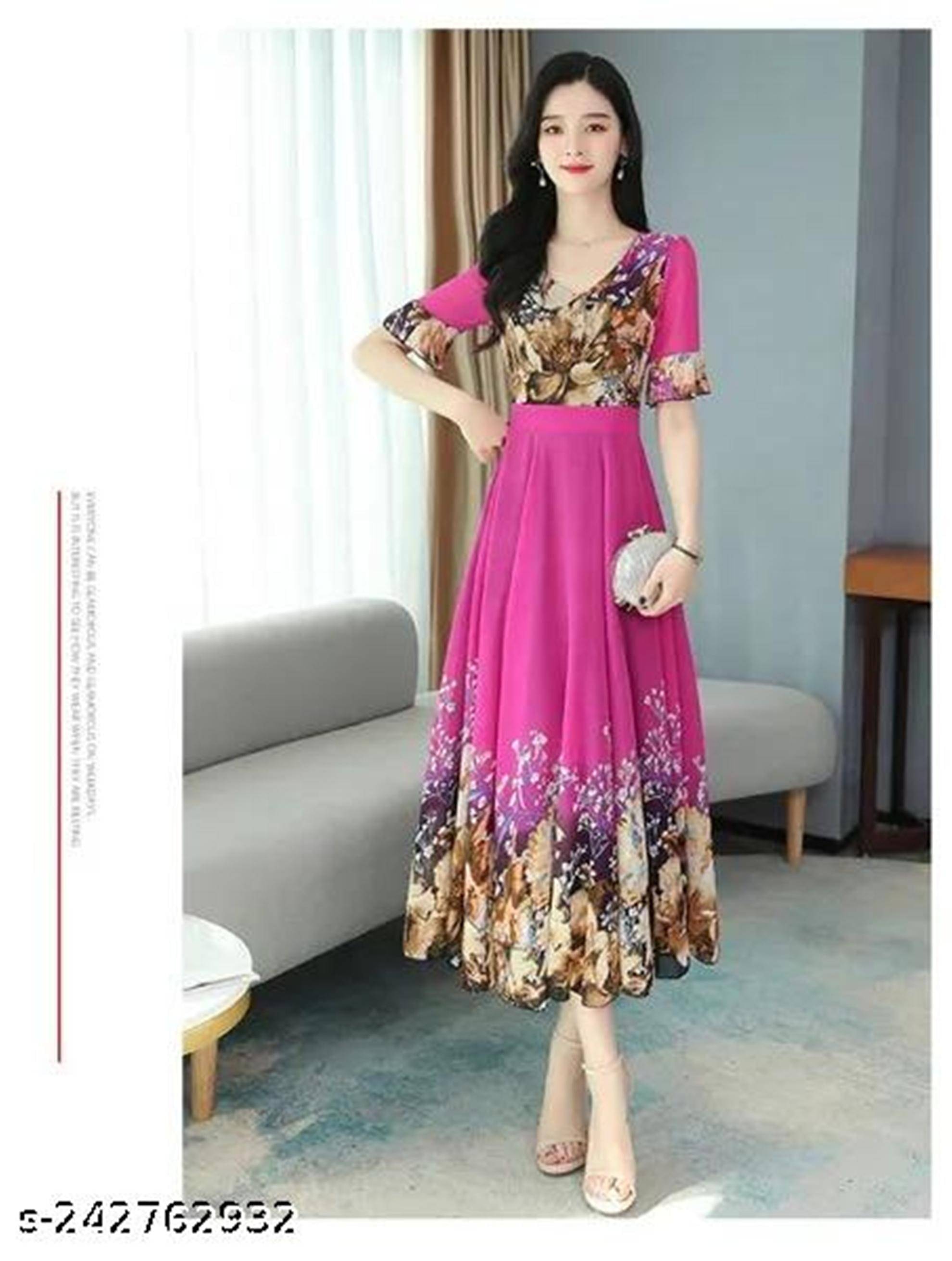     			RC NEOEN Women Georgette Printed Fit & Flare Dress ( Pink )