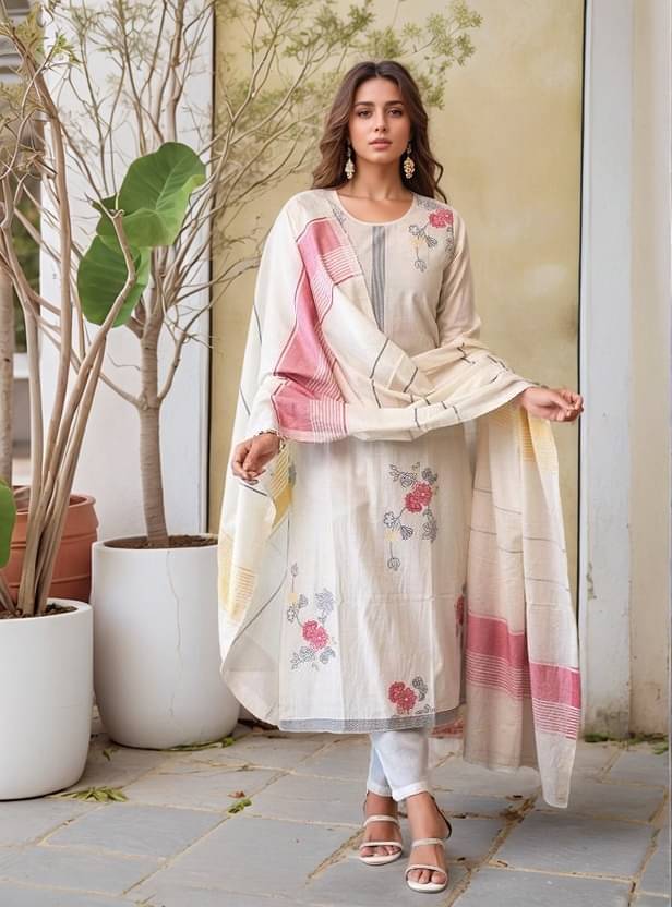 SHRIMORI Cotton Embroidered Kurti With Pants Women's Stitched Salwar Suit - Cream ( Pack of 1 )     			SHRIMORI Cotton Embroidered Kurti With Pants Women's Stitched Salwar Suit - Cream ( Pack of 1 )