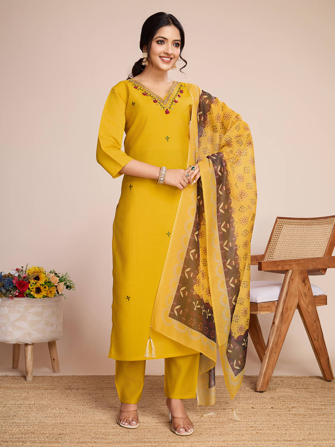 SHRIMORI Silk Embroidered Kurti With Pants Women's Stitched Salwar Suit - Yellow ( Pack of 1 ) SHRIMORI Silk Embroidered Kurti With Pants Women's Stitched Salwar Suit - Yellow ( Pack of 1 )