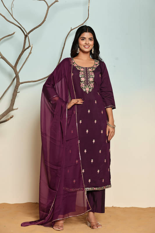     			SUAAC Chiffon Embroidered Kurti With Pants Women's Stitched Salwar Suit - Purple ( Pack of 1 )