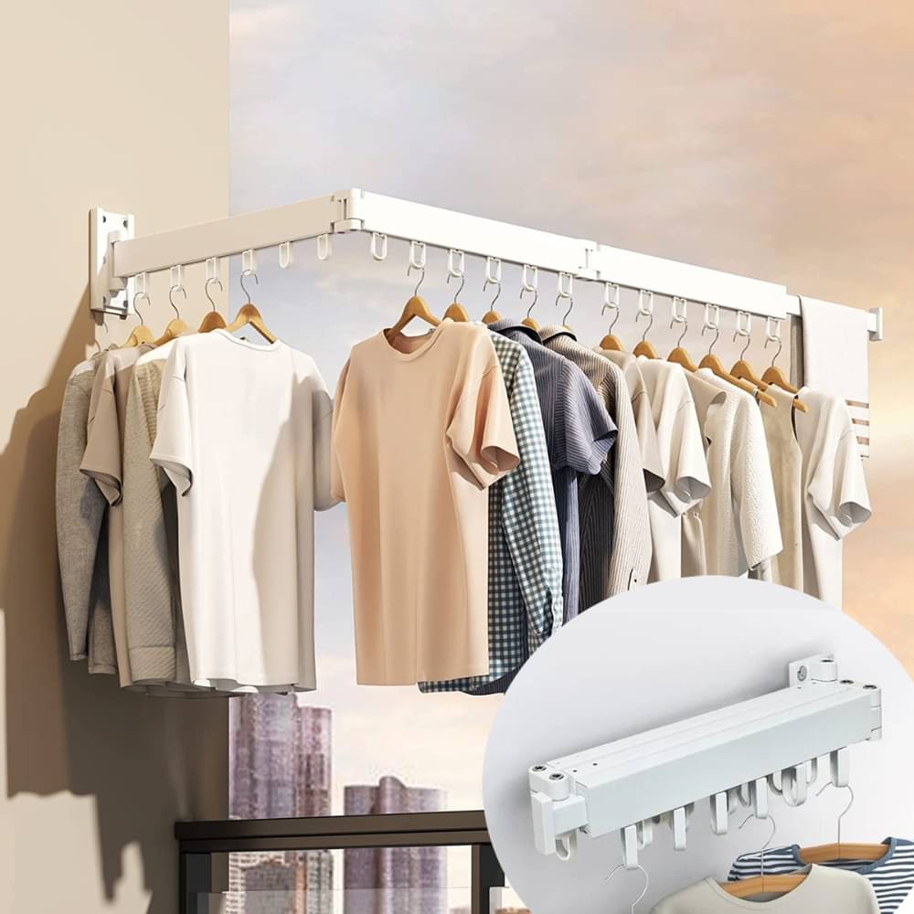     			Sole Module Wall Mounted Foldable Cloth Drying Rack with 18 Hooks,1 Telescopic Rod