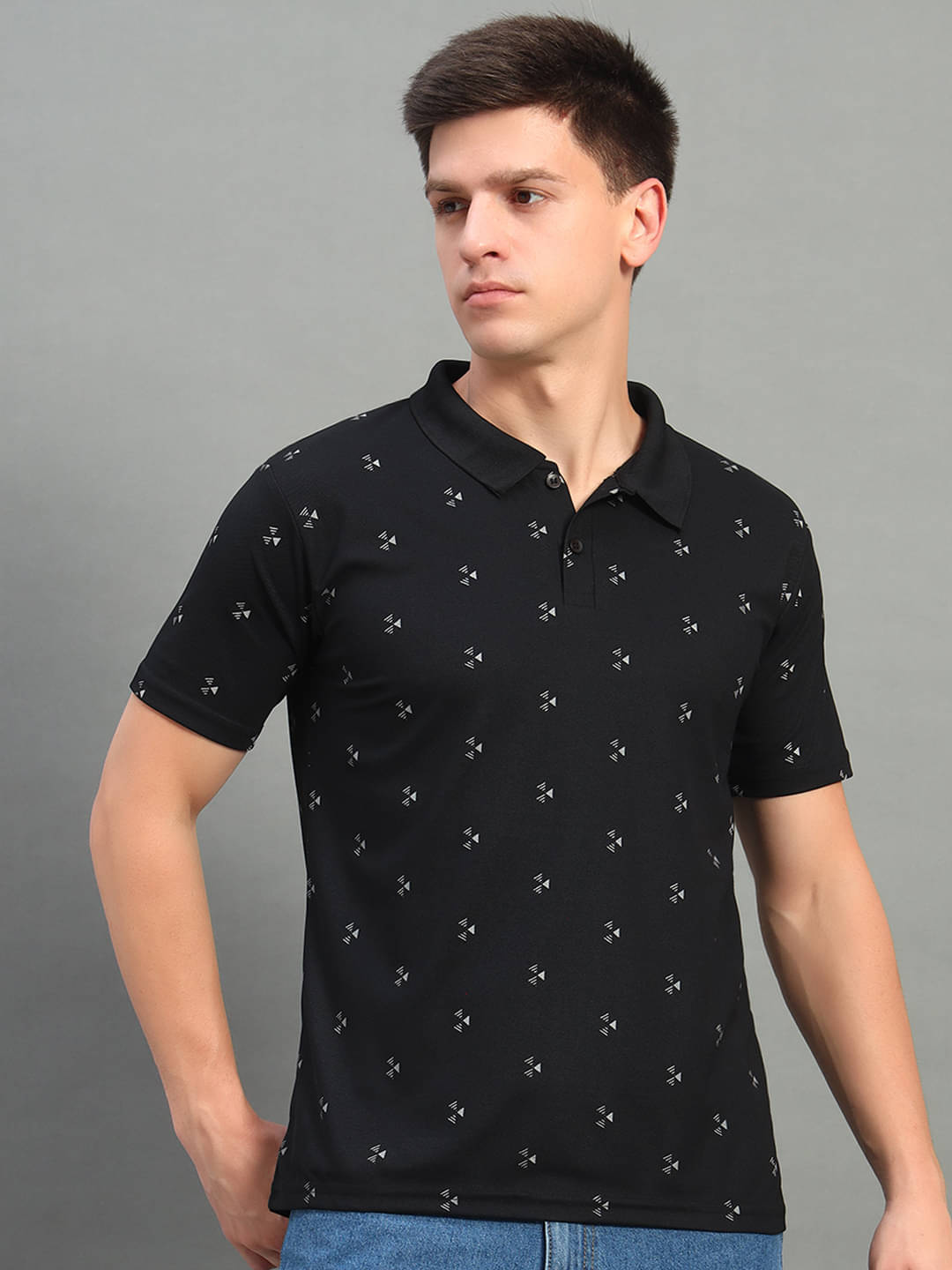     			THE CASUALS Pack of 1 Cotton Blend Regular Fit Printed Half Sleeves Men's Polo T Shirt ( Black )