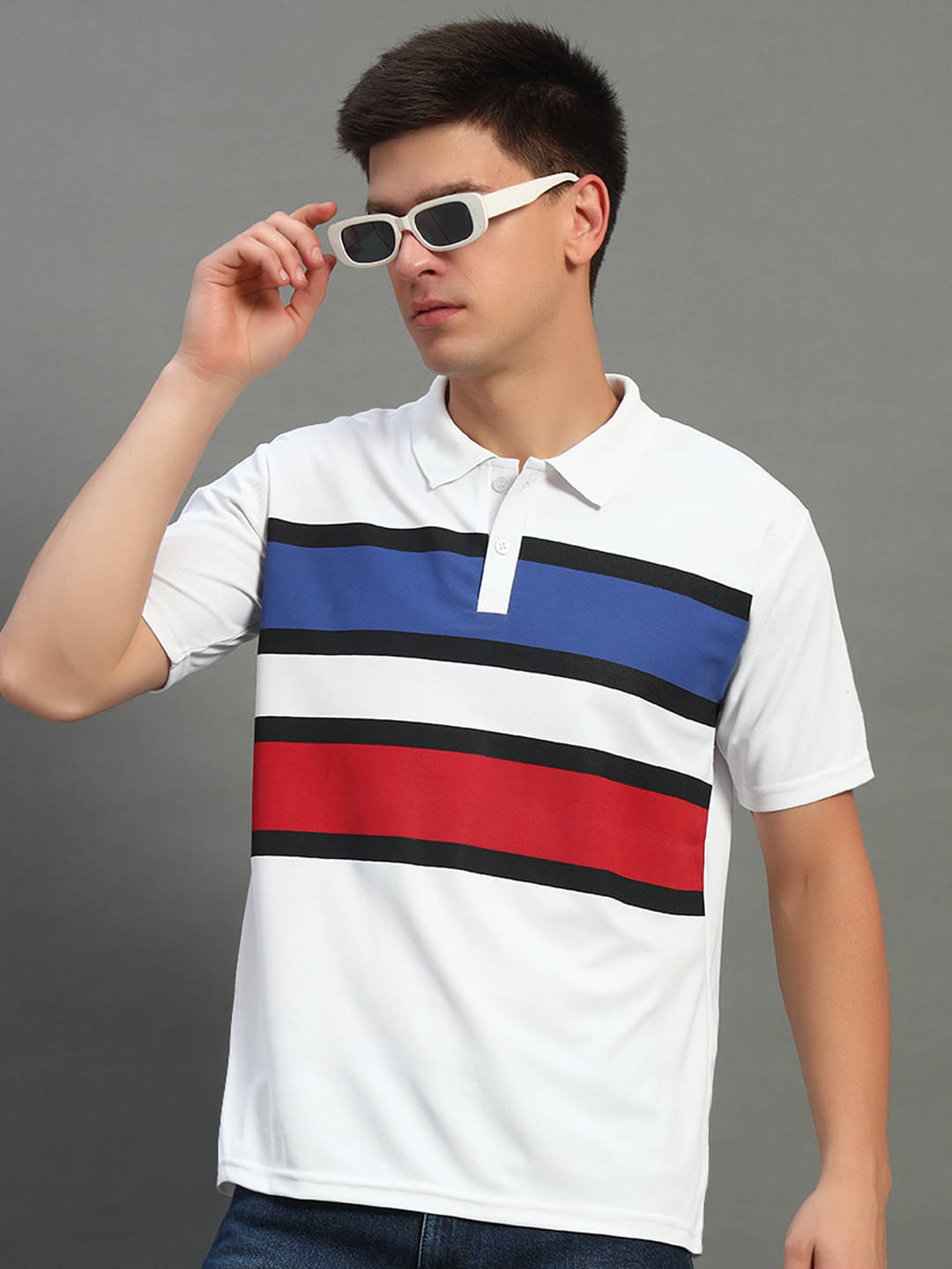     			THE CASUALS Pack of 1 Cotton Blend Regular Fit Striped Half Sleeves Men's Polo T Shirt ( White )