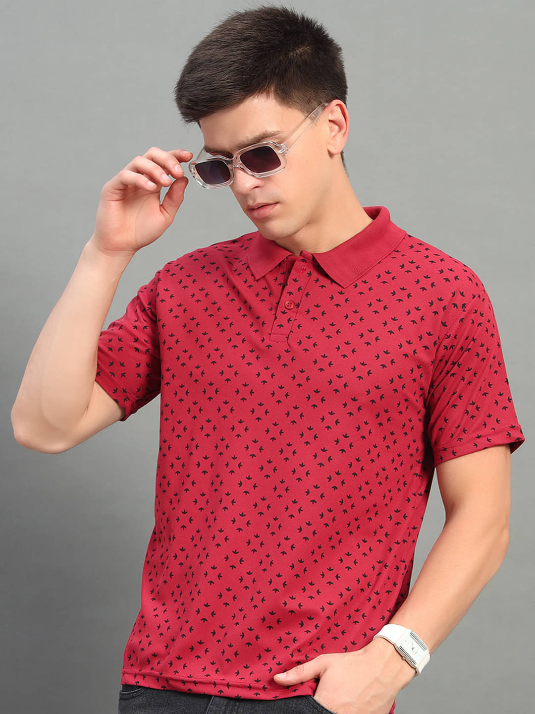     			THE CASUALS Pack of 1 Cotton Blend Regular Fit Printed Half Sleeves Men's Polo T Shirt ( Red )