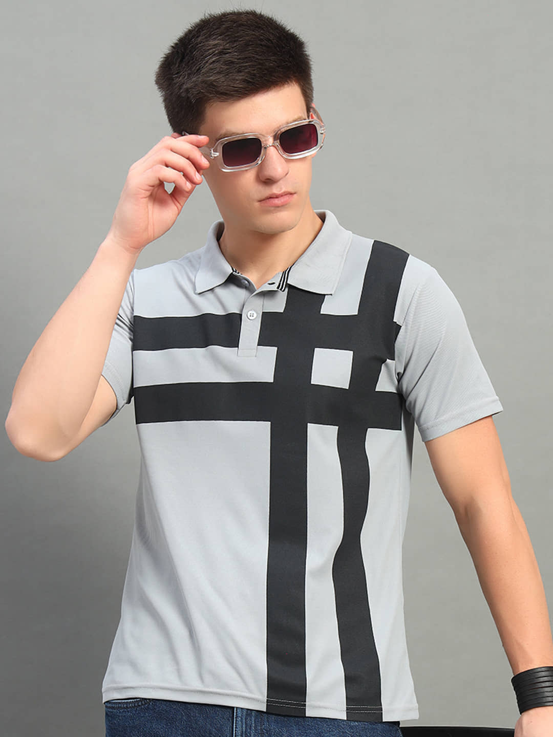 THE CASUALS Pack of 1 Cotton Blend Regular Fit Printed Half Sleeves Men's Polo T Shirt ( Grey )