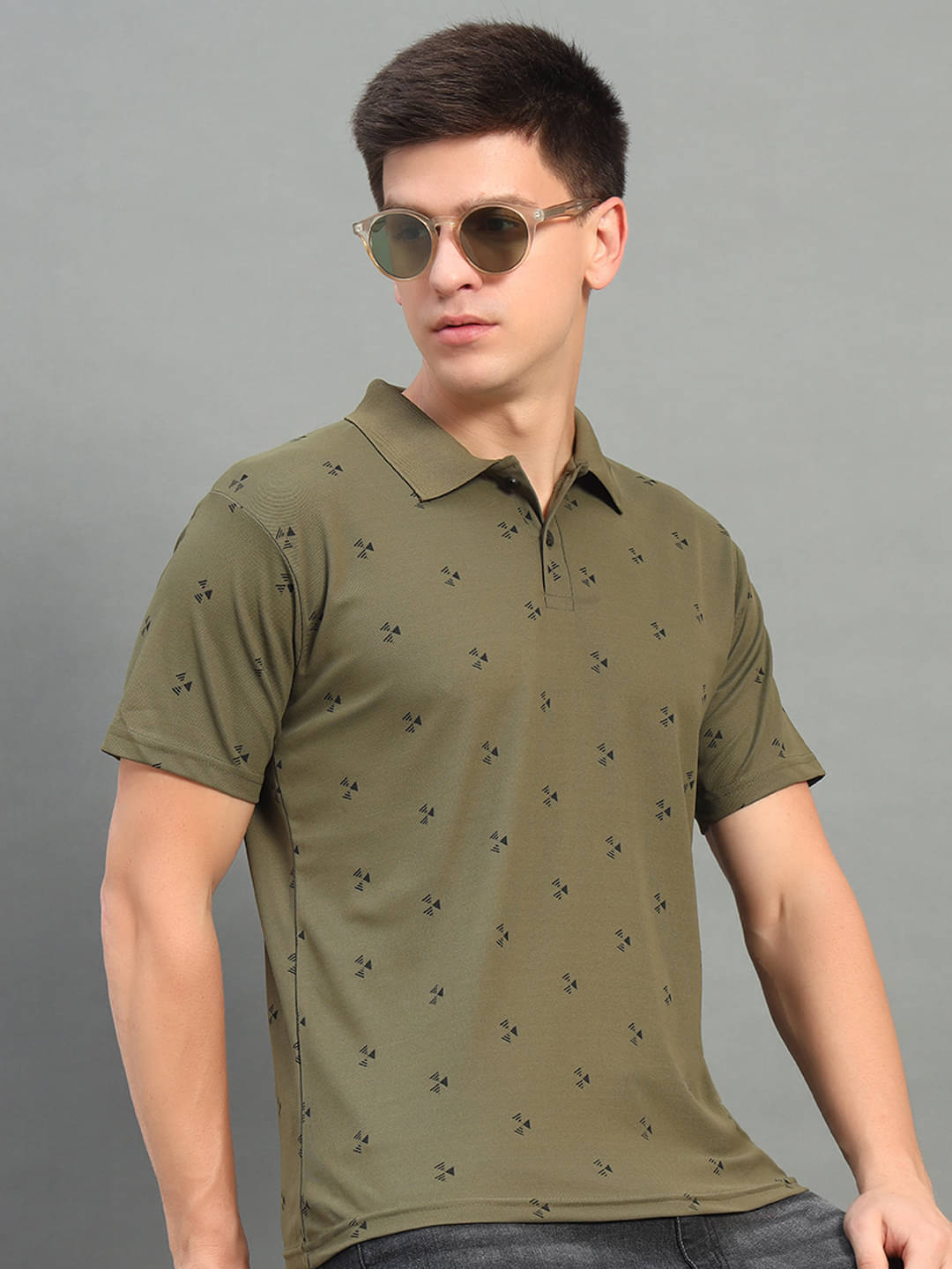     			THE CASUALS Pack of 1 Cotton Blend Regular Fit Printed Half Sleeves Men's Polo T Shirt ( Olive )