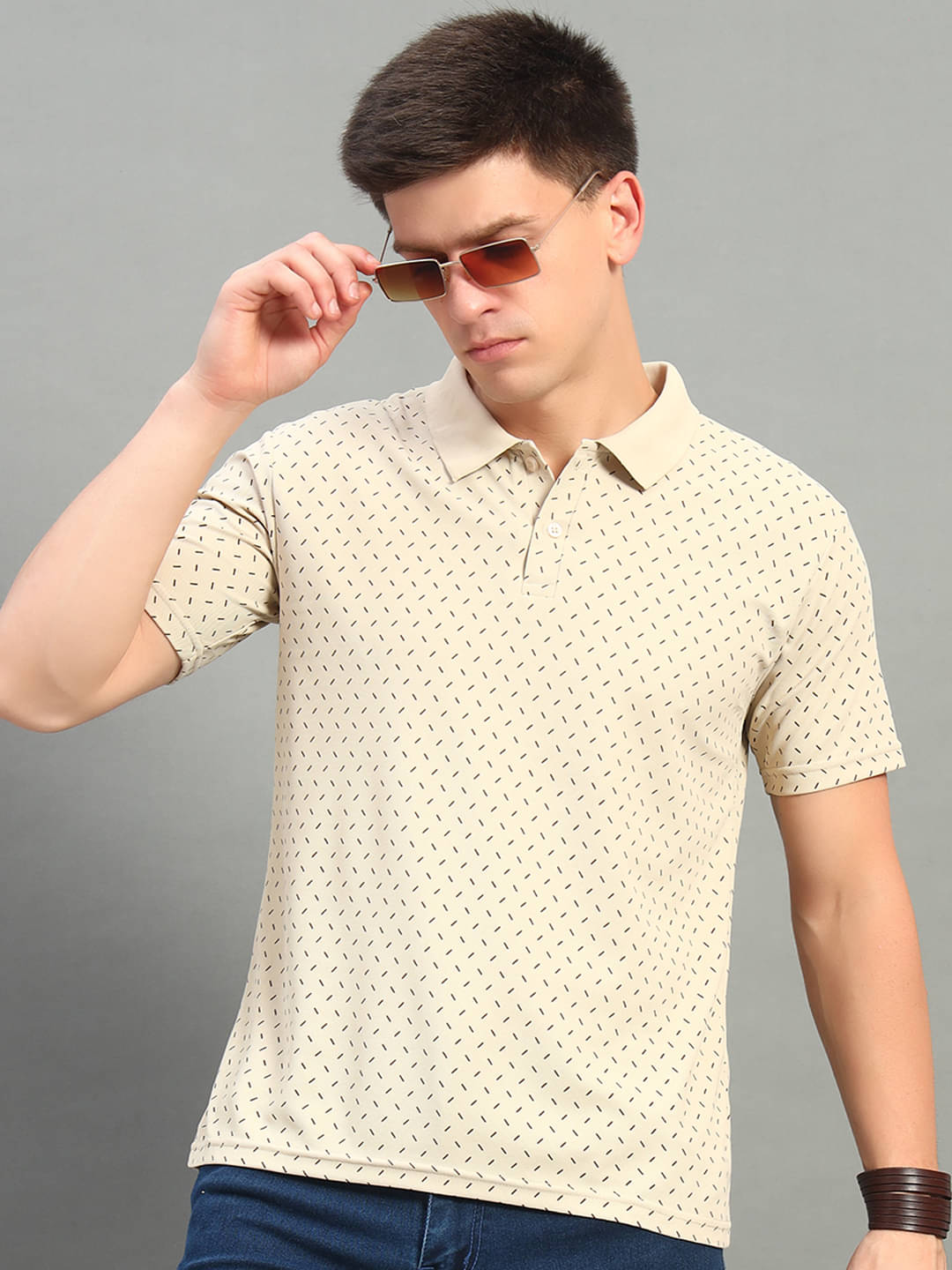     			THE CASUALS Pack of 1 Cotton Blend Regular Fit Printed Half Sleeves Men's Polo T Shirt ( Beige )