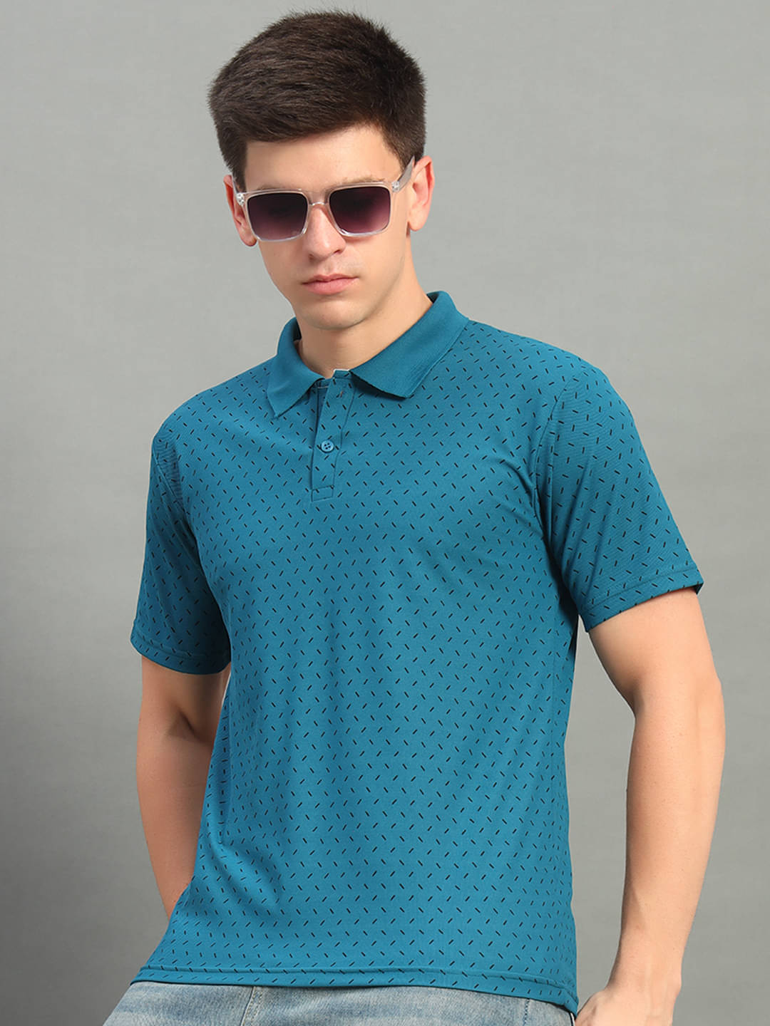 THE CASUALS Pack of 1 Cotton Blend Regular Fit Printed Half Sleeves Men's Polo T Shirt ( Teal Blue ) THE CASUALS Pack of 1 Cotton Blend Regular Fit Printed Half Sleeves Men's Polo T Shirt ( Teal Blue )