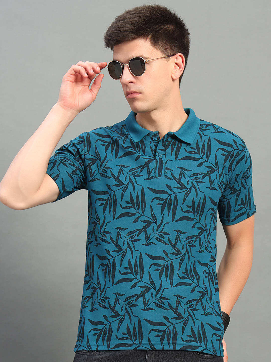     			THE CASUALS Pack of 1 Cotton Blend Regular Fit Printed Half Sleeves Men's Polo T Shirt ( Teal Blue )