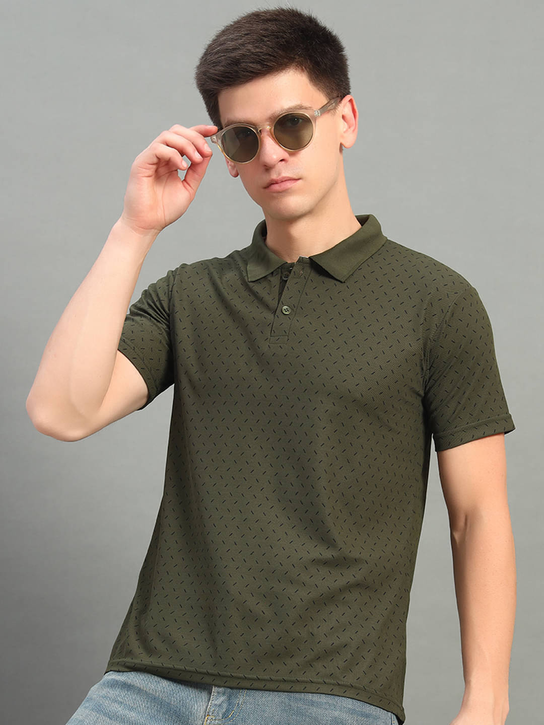     			THE CASUALS Pack of 1 Cotton Blend Regular Fit Printed Half Sleeves Men's Polo T Shirt ( Olive )