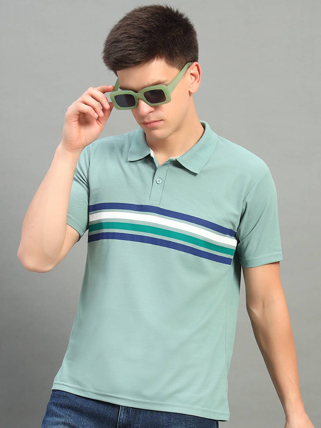 THE CASUALS Pack of 1 Cotton Blend Regular Fit Striped Half Sleeves Men's Polo T Shirt ( Sea Green ) THE CASUALS Pack of 1 Cotton Blend Regular Fit Striped Half Sleeves Men's Polo T Shirt ( Sea Green )