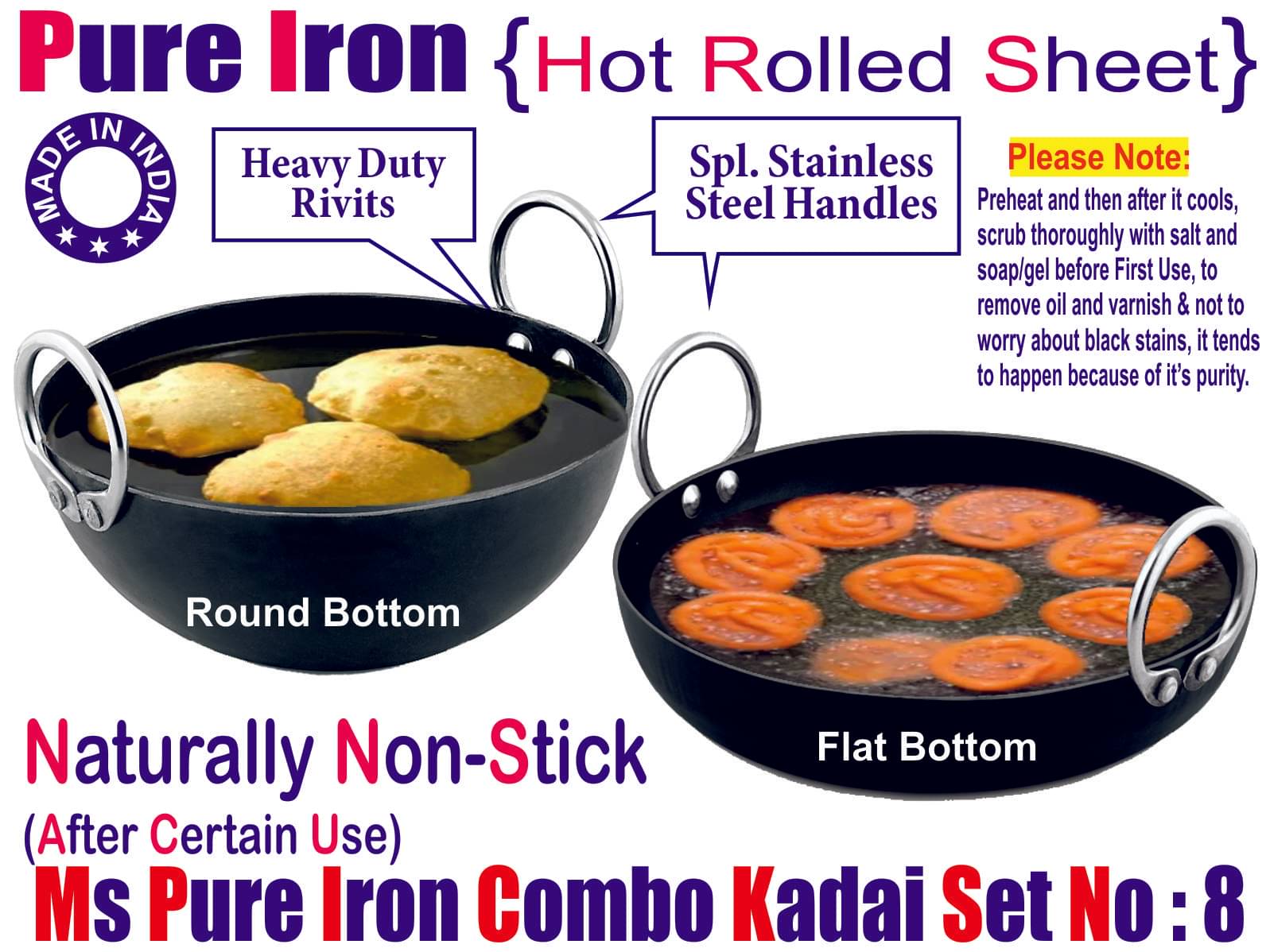     			Veer  100% Pure Non coated Iron Kadhai Heavy Bottom Stainless Steel Handle 2 Thickness mm 21 cm Diameter ( 1 L )