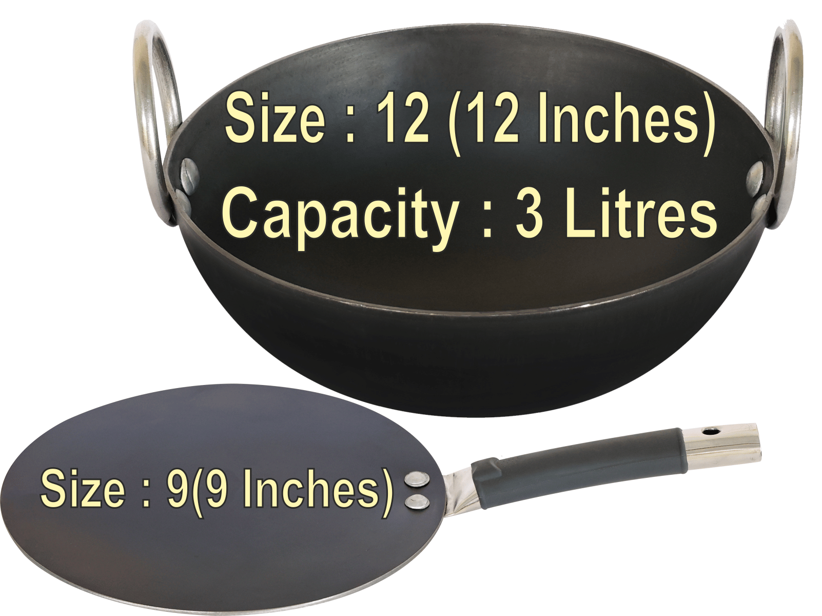     			Veer Tawa Combo Non coated Iron Kadhai Heavy Bottom Stainless Steel Handle 2 Thickness mm 30 cm Diameter ( 3 L )