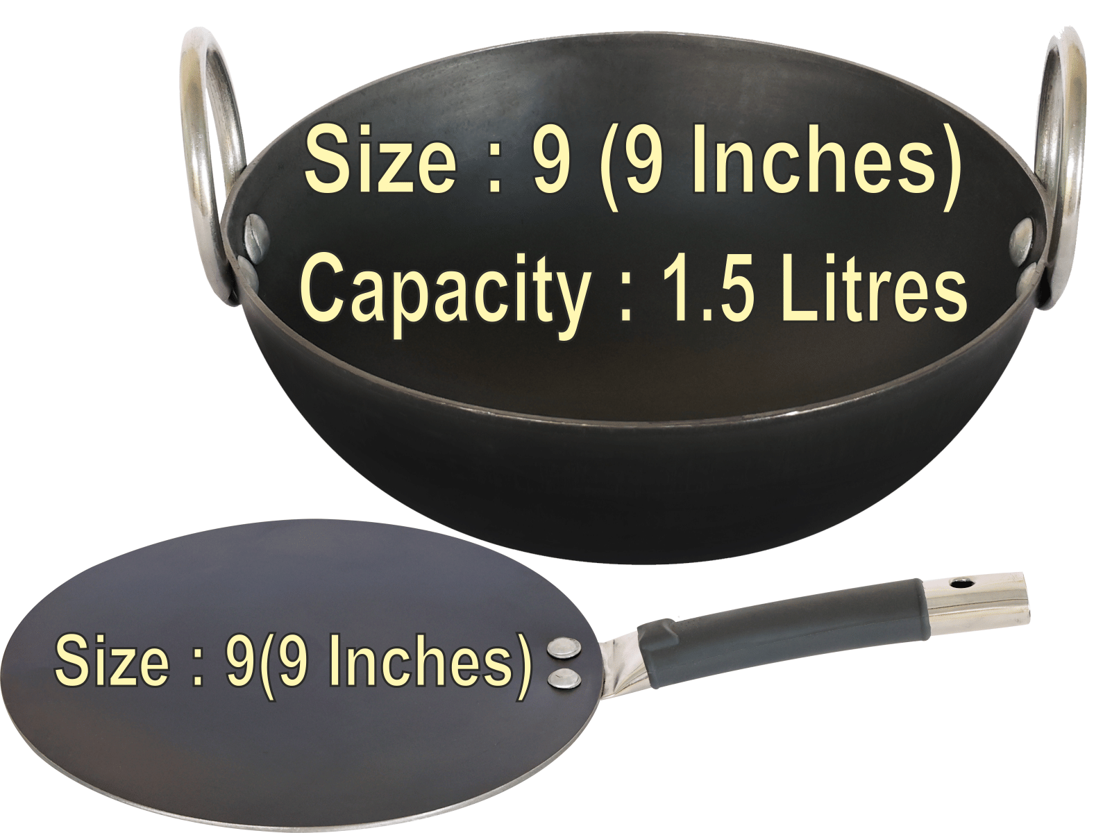     			Veer Tawa Combo Non coated Iron Kadhai Heavy Bottom Stainless Steel Handle 2 Thickness mm 22 cm Diameter ( 1 L )