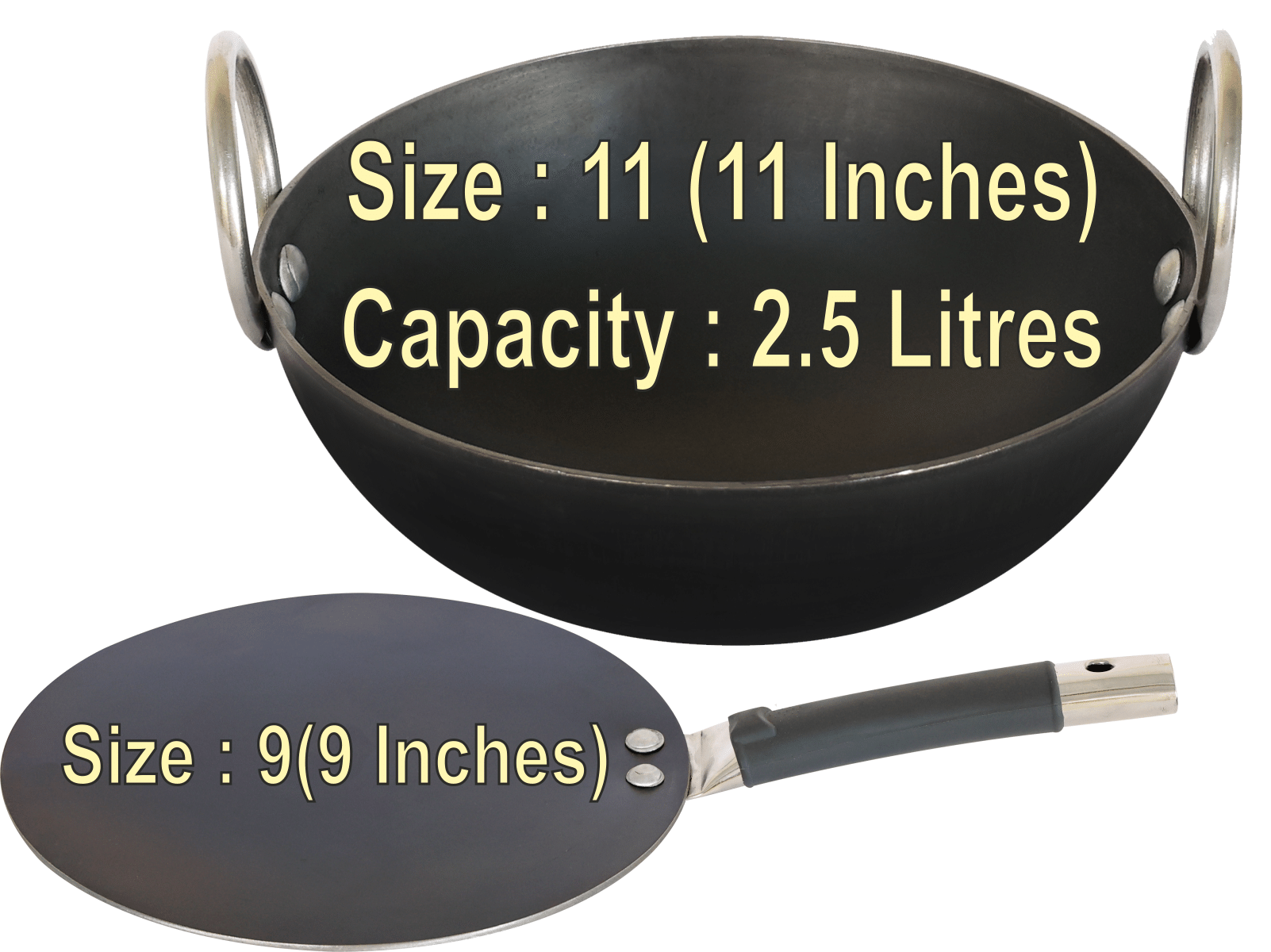 Veer Tawa Combo Non coated Iron Kadhai Heavy Bottom Stainless Steel Handle 2 Thickness mm 27 cm Diameter ( 2.5 L ) Veer Tawa Combo Non coated Iron Kadhai Heavy Bottom Stainless Steel Handle 2 Thickness mm 27 cm Diameter ( 2.5 L )