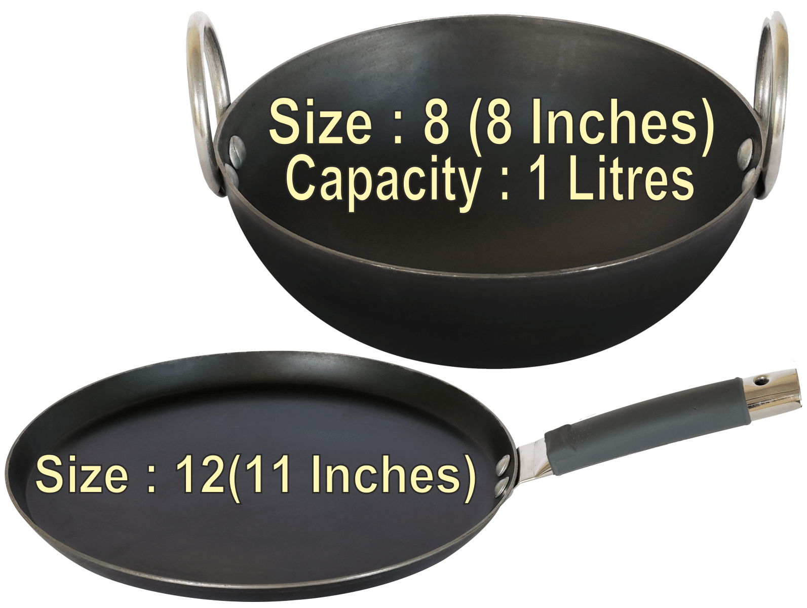 Veer Tawa Combo Non coated Iron Kadhai Heavy Bottom Stainless Steel Handle 2 Thickness mm 20 cm Diameter ( 1 L )     			Veer Tawa Combo Non coated Iron Kadhai Heavy Bottom Stainless Steel Handle 2 Thickness mm 20 cm Diameter ( 1 L )