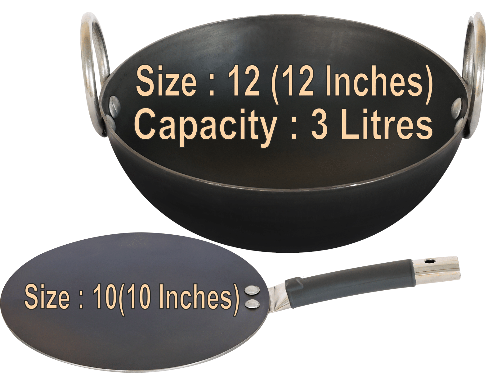 Veer Tawa Combo Non coated Iron Kadhai Heavy Bottom Stainless Steel Handle 2 Thickness mm 30 cm Diameter ( 3 L ) Veer Tawa Combo Non coated Iron Kadhai Heavy Bottom Stainless Steel Handle 2 Thickness mm 30 cm Diameter ( 3 L )