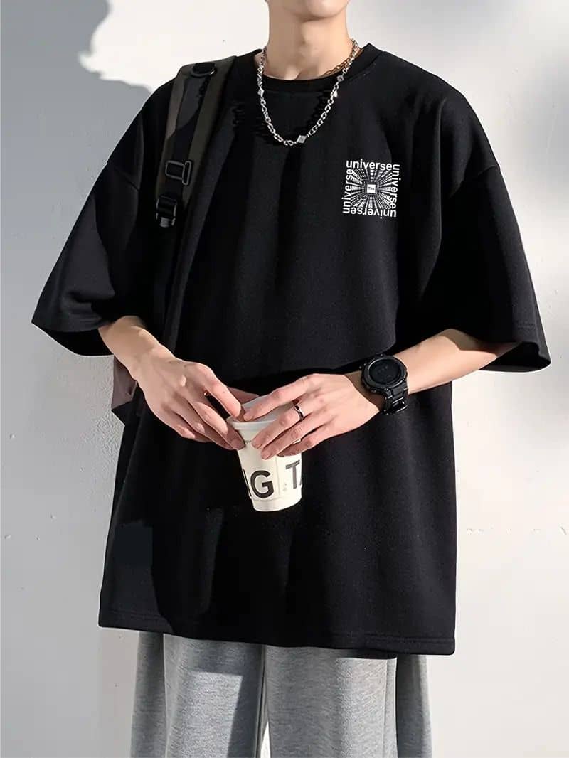 ekadravin Cotton Oversized Fit Printed Half Sleeves Men's Round T-Shirt - Black ( Pack of 1 )