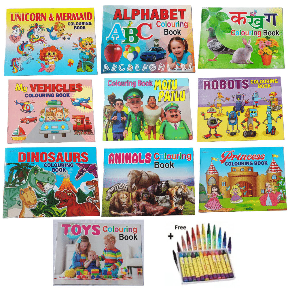     			Combo of 10books "Colouring Book" Set of 10 Coloring Book, FUN WITH CRAYONS 4 / HAPPY COLOURING 2 / VEHICLES/ FLOWERS / FUN WITH DOTS 2/ , Each Book Have 16 Page (all in one)