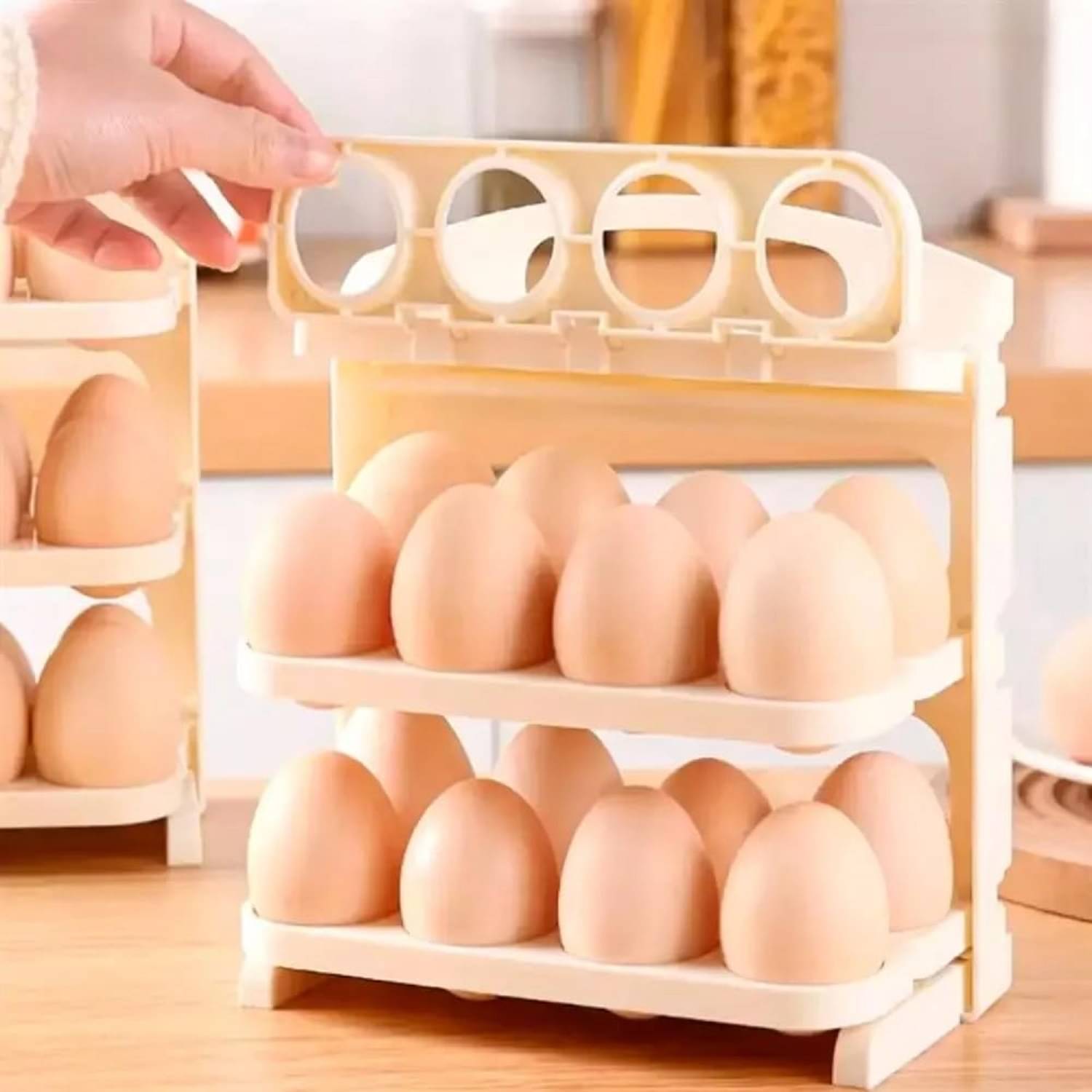 Egg Storage Box - Egg Refrigerator Storage Tray Stackable ABS Plastic Egg Storage Containers for Fridge and Kitchen Egg storage basket with Carry Holder (Folding-3 Layer egg holder)     			Egg Storage Box - Egg Refrigerator Storage Tray Stackable ABS Plastic Egg Storage Containers for Fridge and Kitchen Egg storage basket with Carry Holder (Folding-3 Layer egg holder)