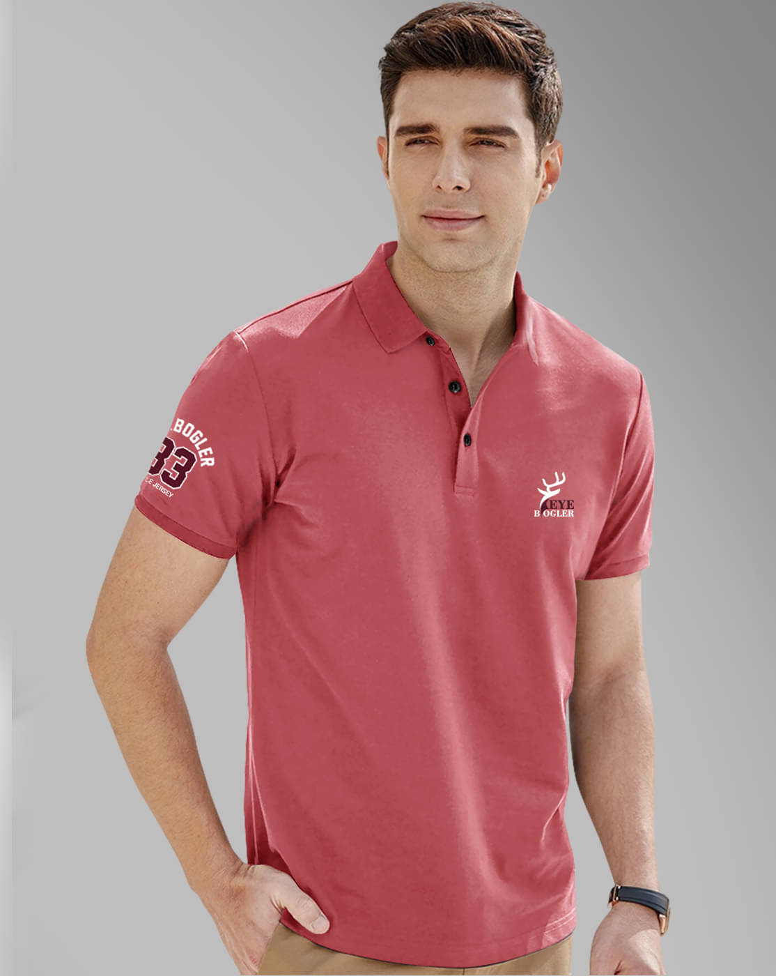     			Eyebogler Cotton Blend Regular Fit Printed Half Sleeves Men's Mandarin Collar T-Shirt - Pink ( Pack of 1 )