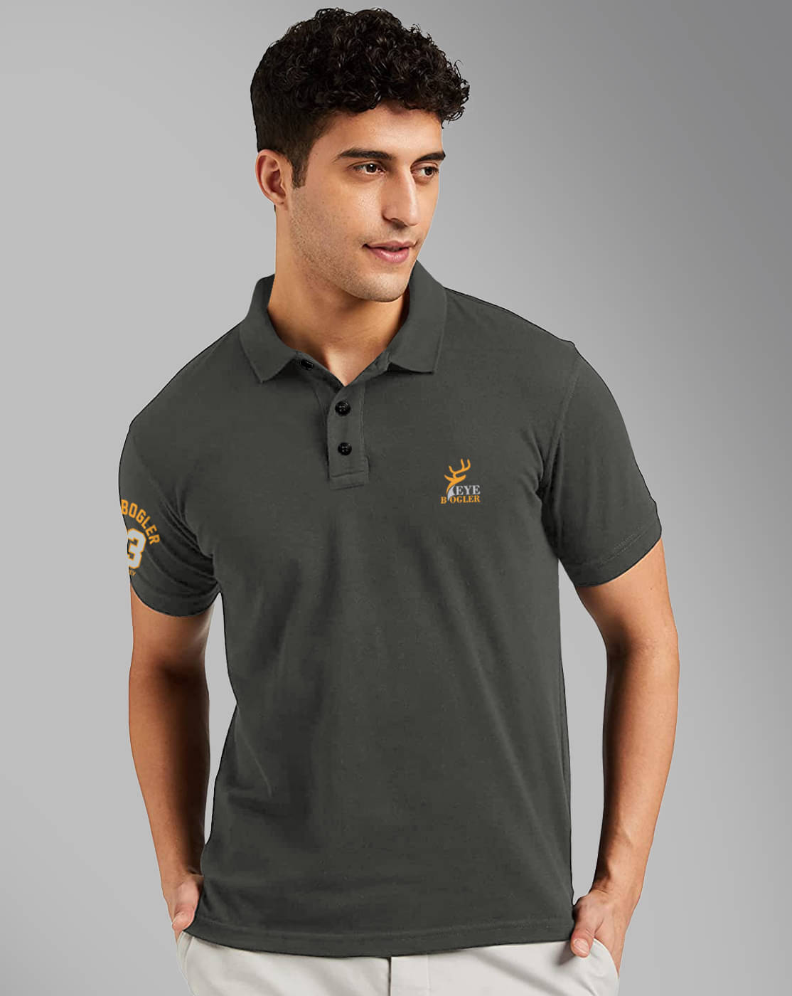     			Eyebogler Cotton Blend Regular Fit Printed Half Sleeves Men's Mandarin Collar T-Shirt - Grey ( Pack of 1 )