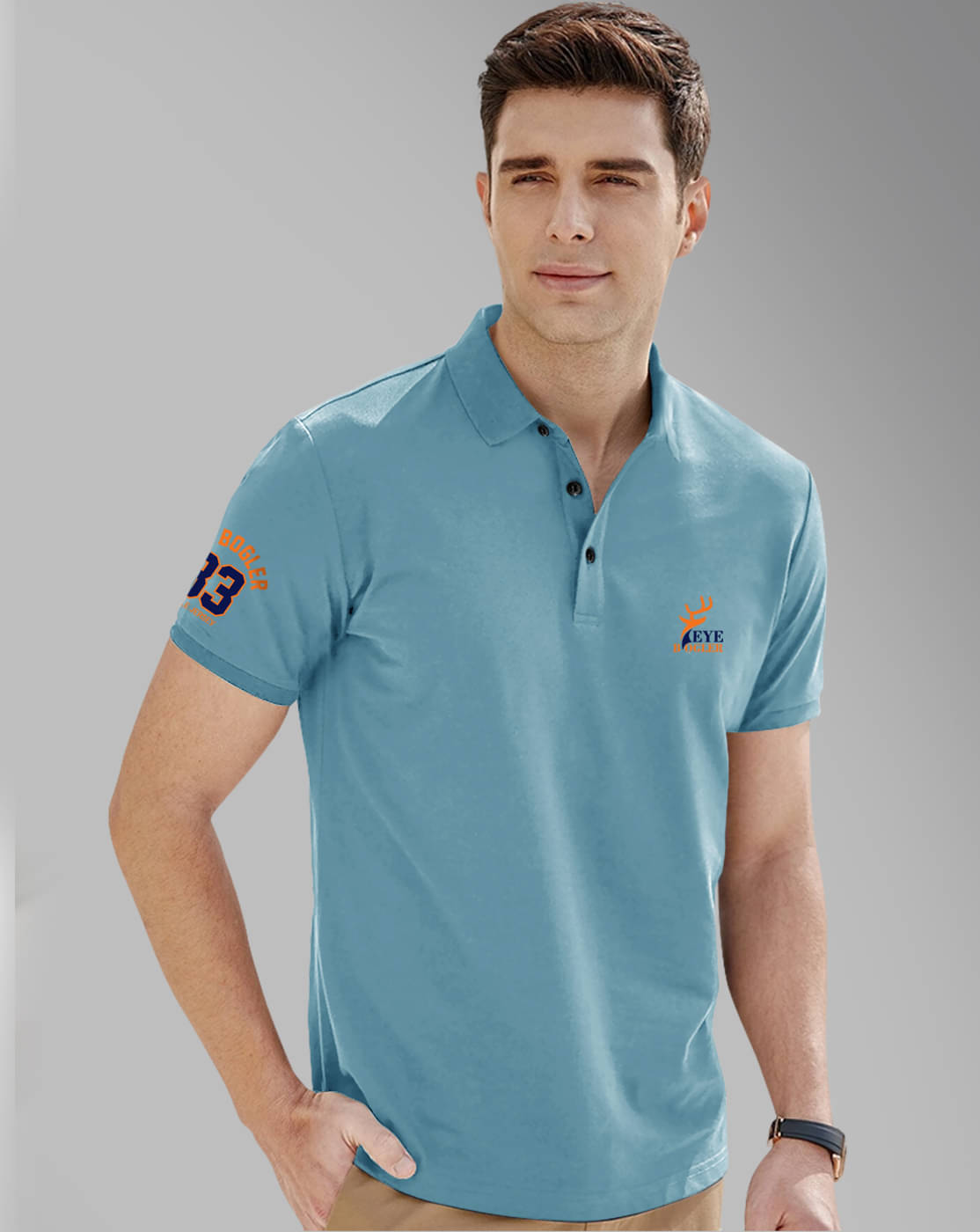 Eyebogler Cotton Blend Regular Fit Printed Half Sleeves Men's Mandarin Collar T-Shirt - Blue ( Pack of 1 )     			Eyebogler Cotton Blend Regular Fit Printed Half Sleeves Men's Mandarin Collar T-Shirt - Blue ( Pack of 1 )