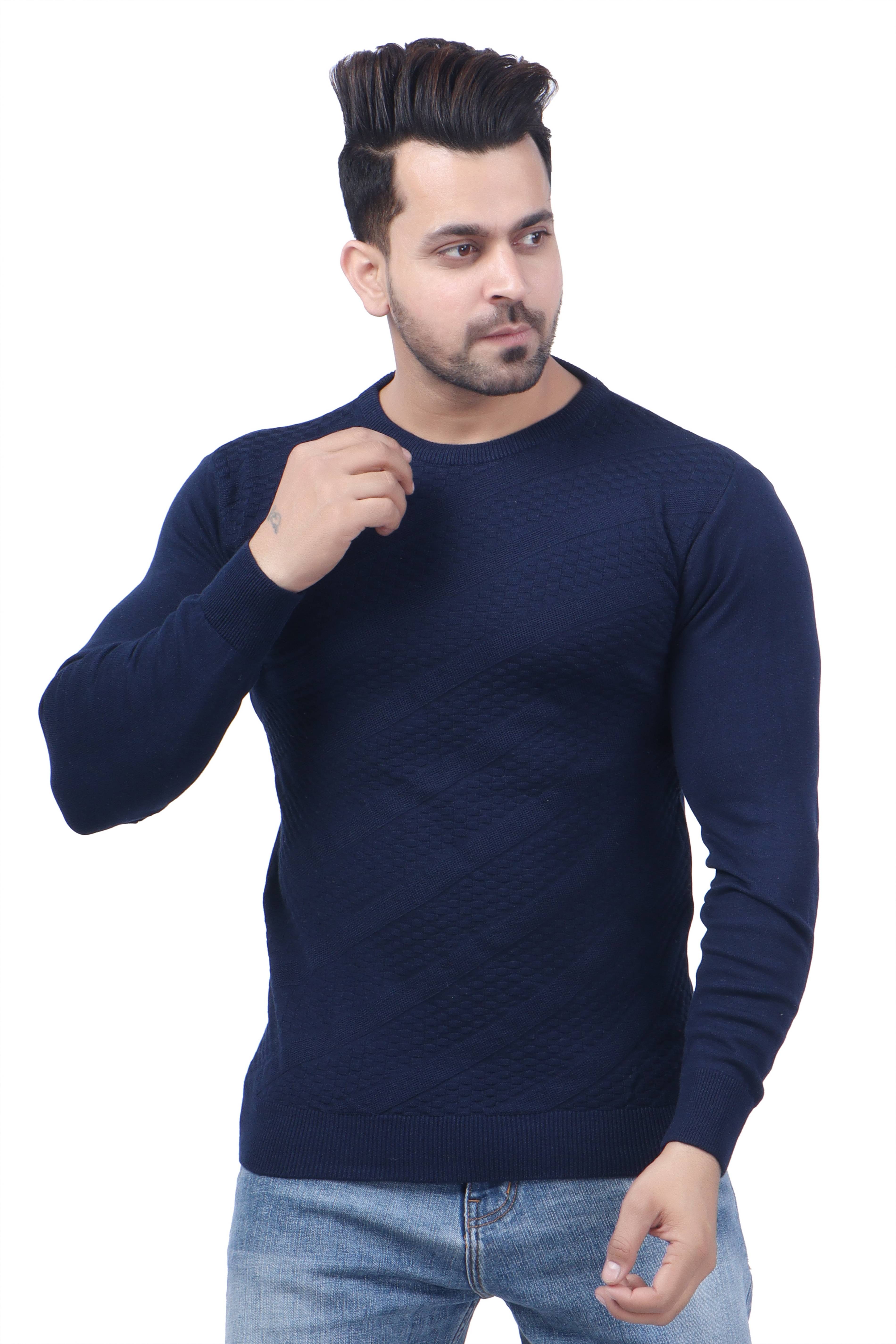 FEVERFEW Cotton Blend Round Neck Men's Full Sleeves Pullover Sweater - Navy ( Pack of 1 )     			FEVERFEW Cotton Blend Round Neck Men's Full Sleeves Pullover Sweater - Navy ( Pack of 1 )