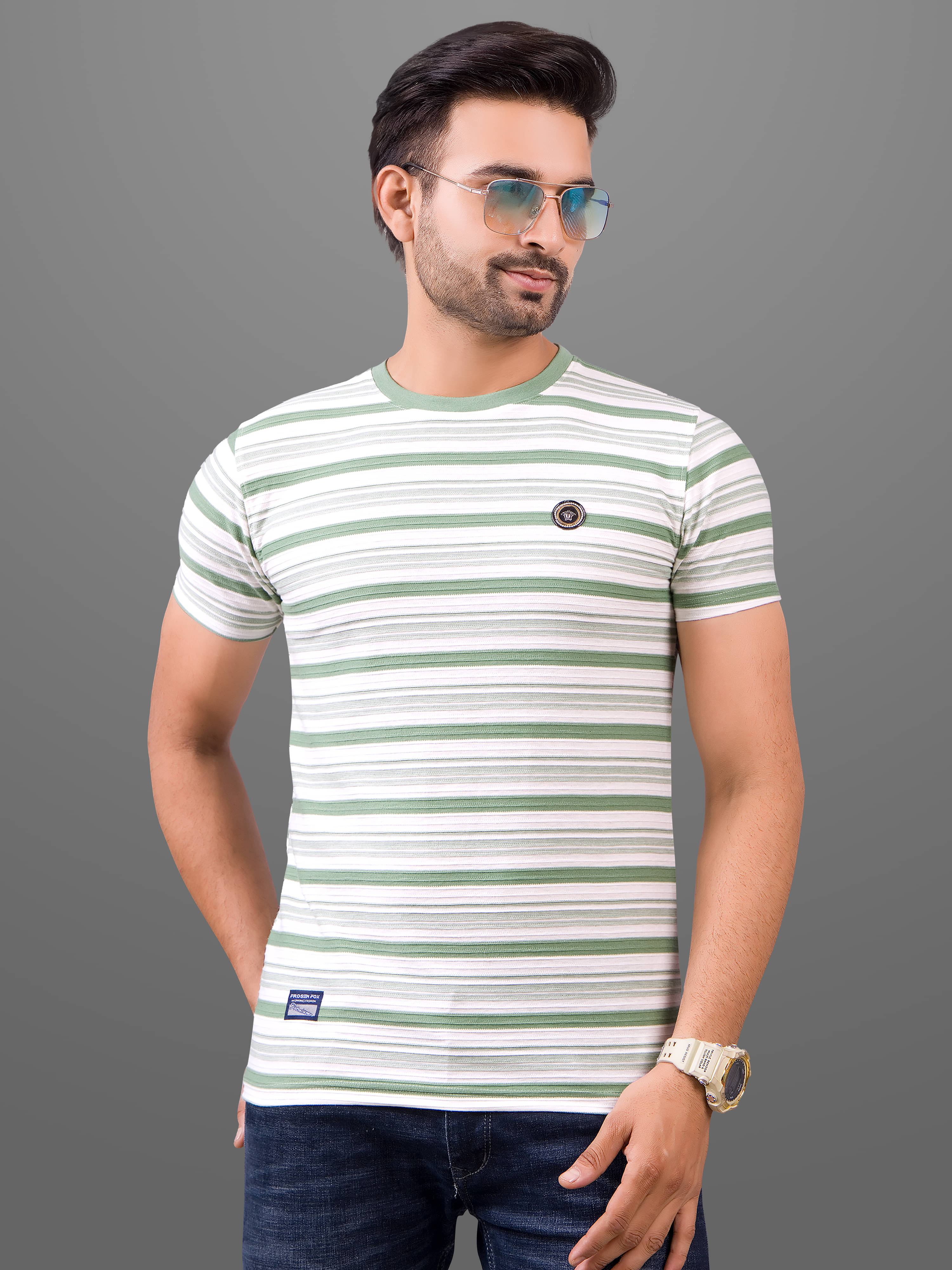     			FROSEN FOX Cotton Regular Fit Striped Half Sleeves Men's Round T-Shirt - Green ( Pack of 1 )
