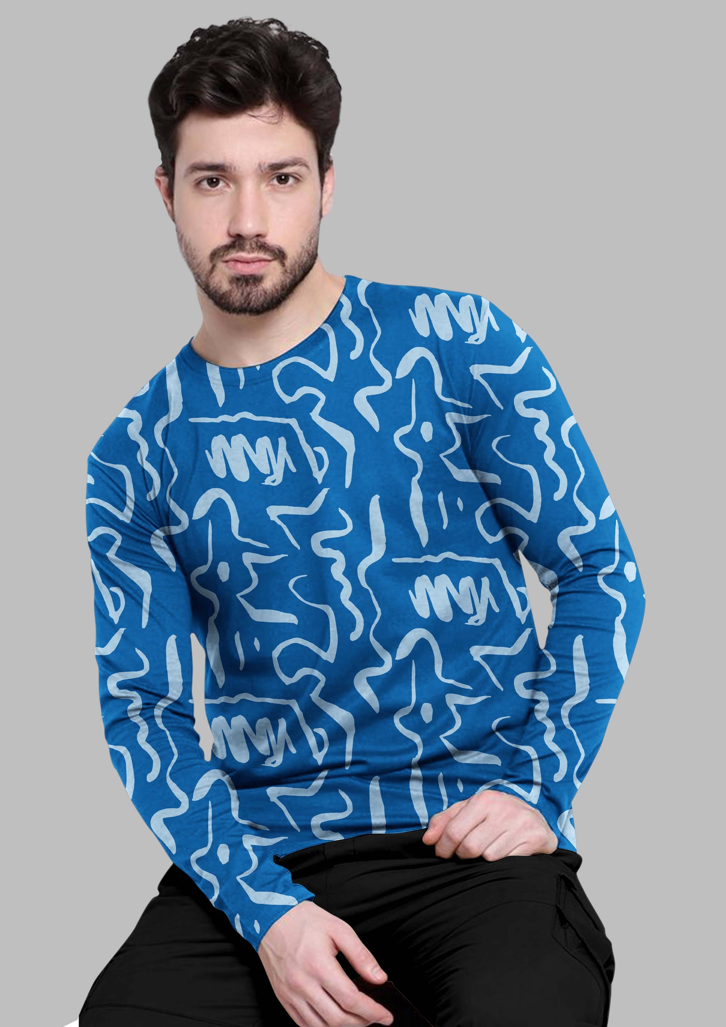     			FTX Polyester Regular Fit Printed Full Sleeves Men's Round T-Shirt - Blue ( Pack of 1 )