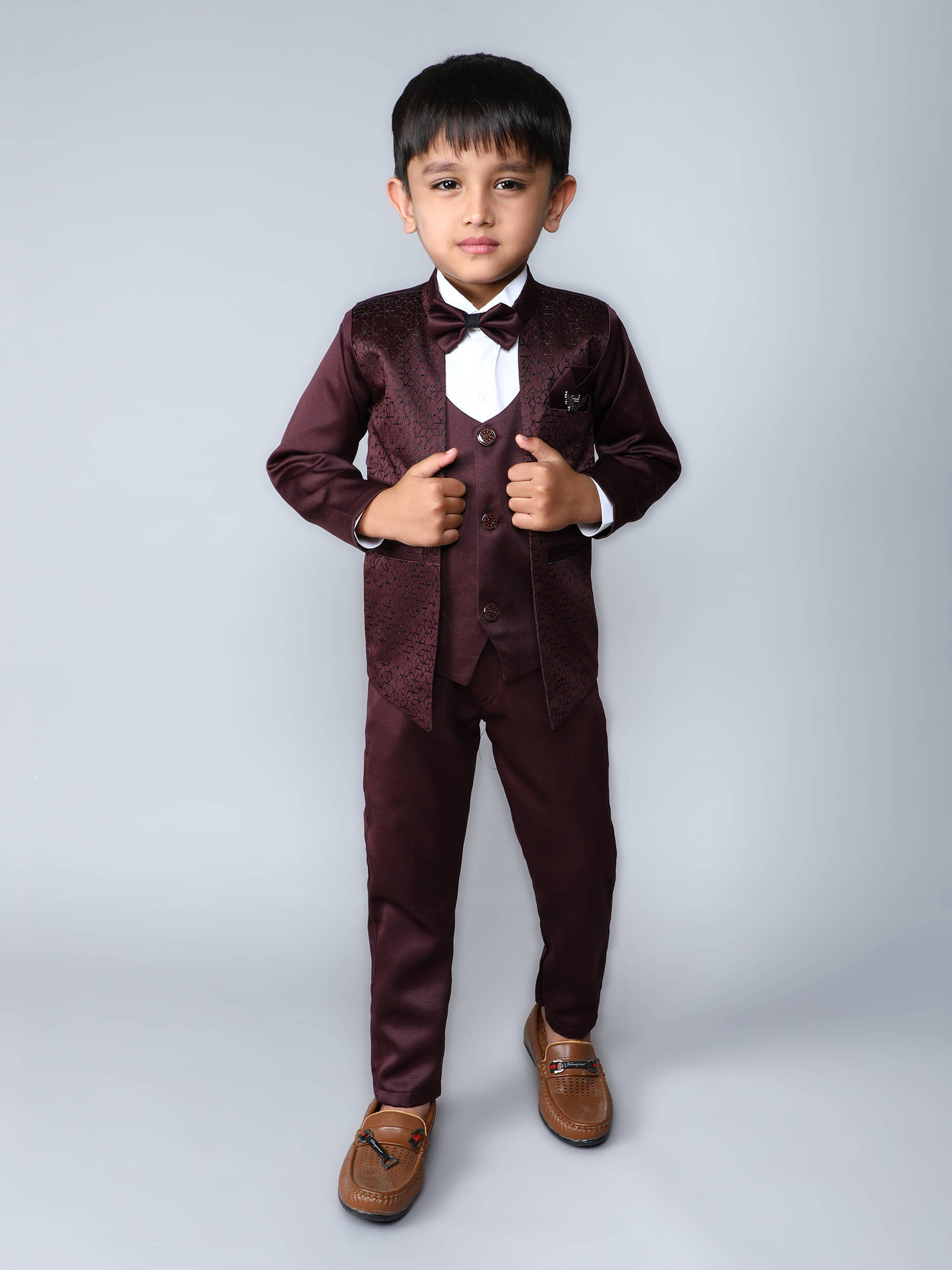     			Fourfolds Pack of 1 Boys Cotton Blend Shirt & Pants Set ( Wine )