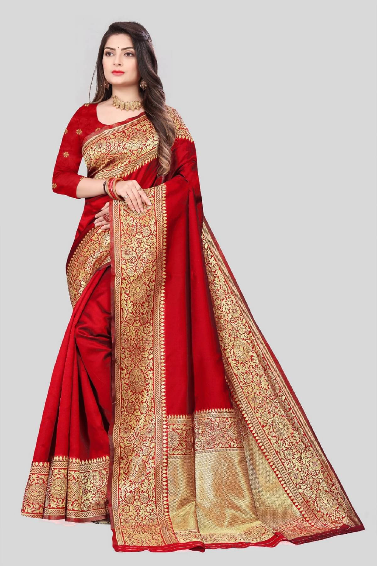     			Gazal Fashions Banarasi Silk Embellished Saree With Unstitched Blouse Piece ( Red )